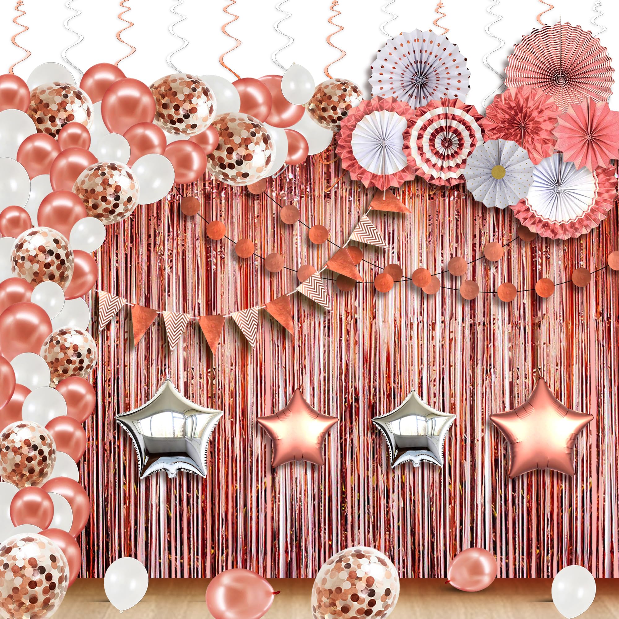 KatchOn, Rose Gold Birthday Decorations Set - Huge Pack of 145 | Rose Gold Fringe Backdrop, Balloons, Garland for Birthday Decorations, New Years