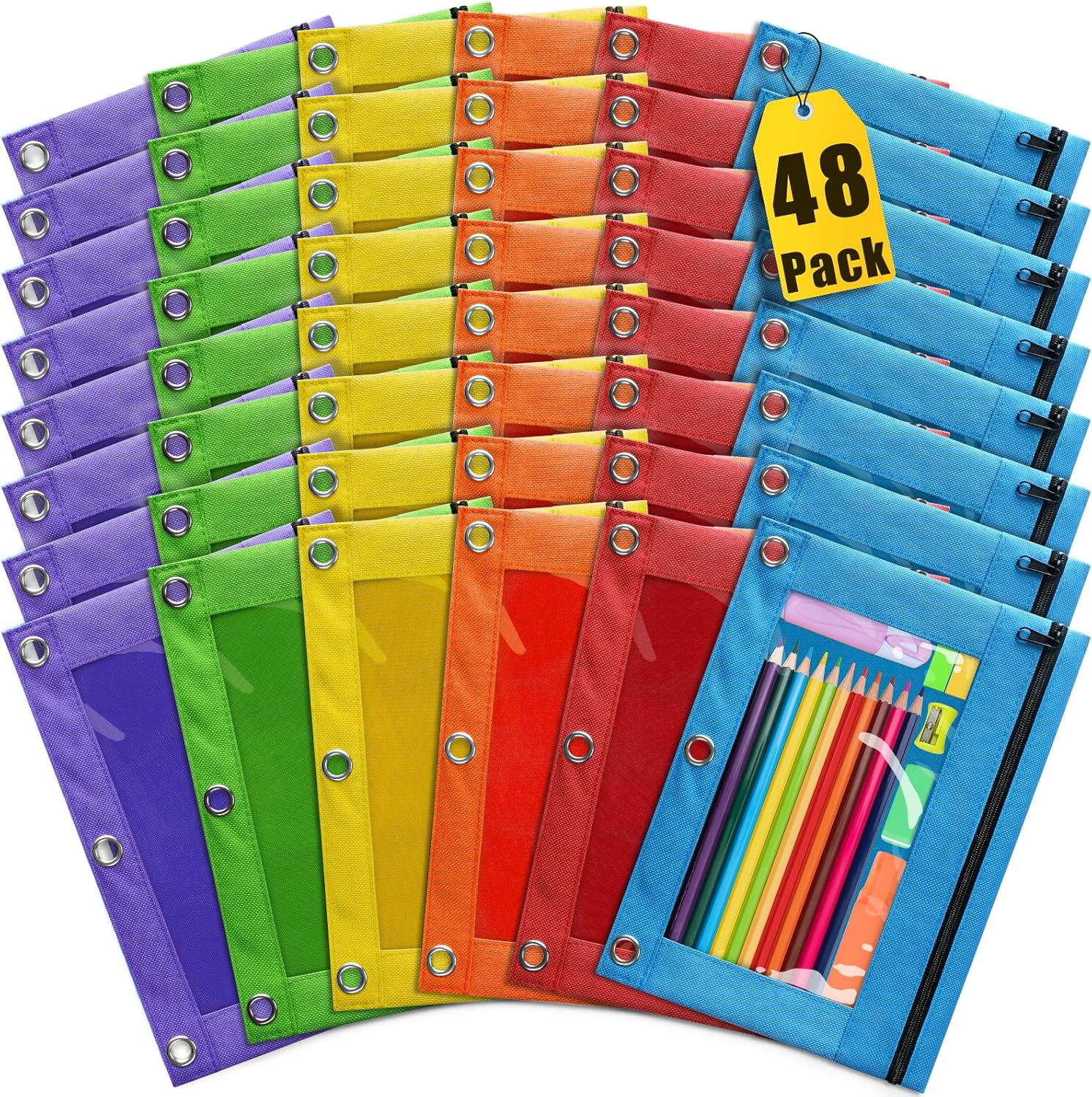 Pencil Pouch for 3 Ring Binder, 48 Pack Pencil Pouches with Zipper & Clear Window - 6 Assorted Color, Pencil Case Bulk for 3-Holes Binder, Multi-Purpose Storage Bag for Office, School Supplies (48)