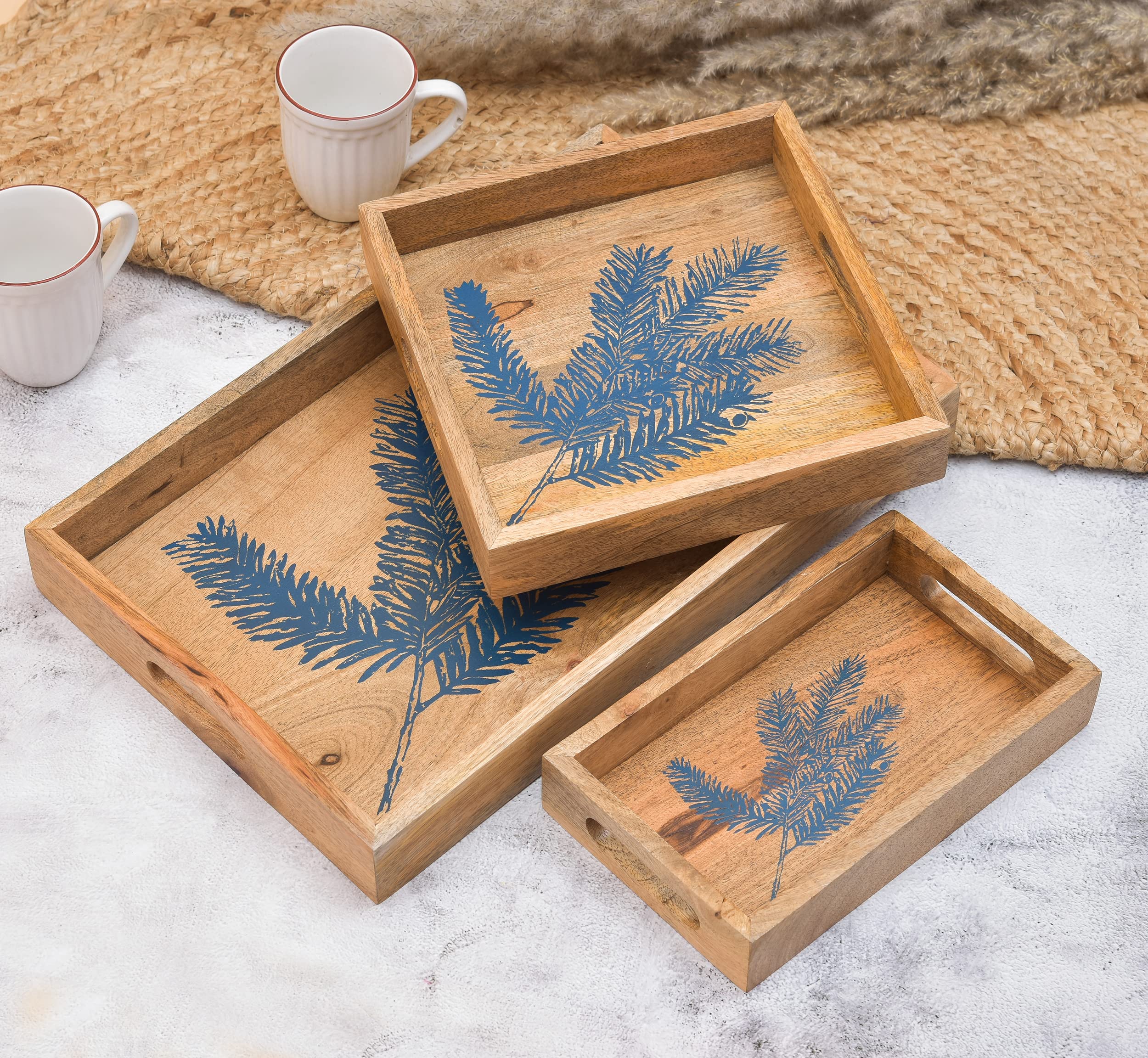 OGGN Blue Leaf Printed Wooden Serving Tray Set of 3, Handmade Wood Platter with Handles, Tea Breakfast Wood Plate, Trays for Kitchen, Dining Table (Pack of 3) (B0BS3HMGG1) Amazon Price History, Amazon Price Tracker