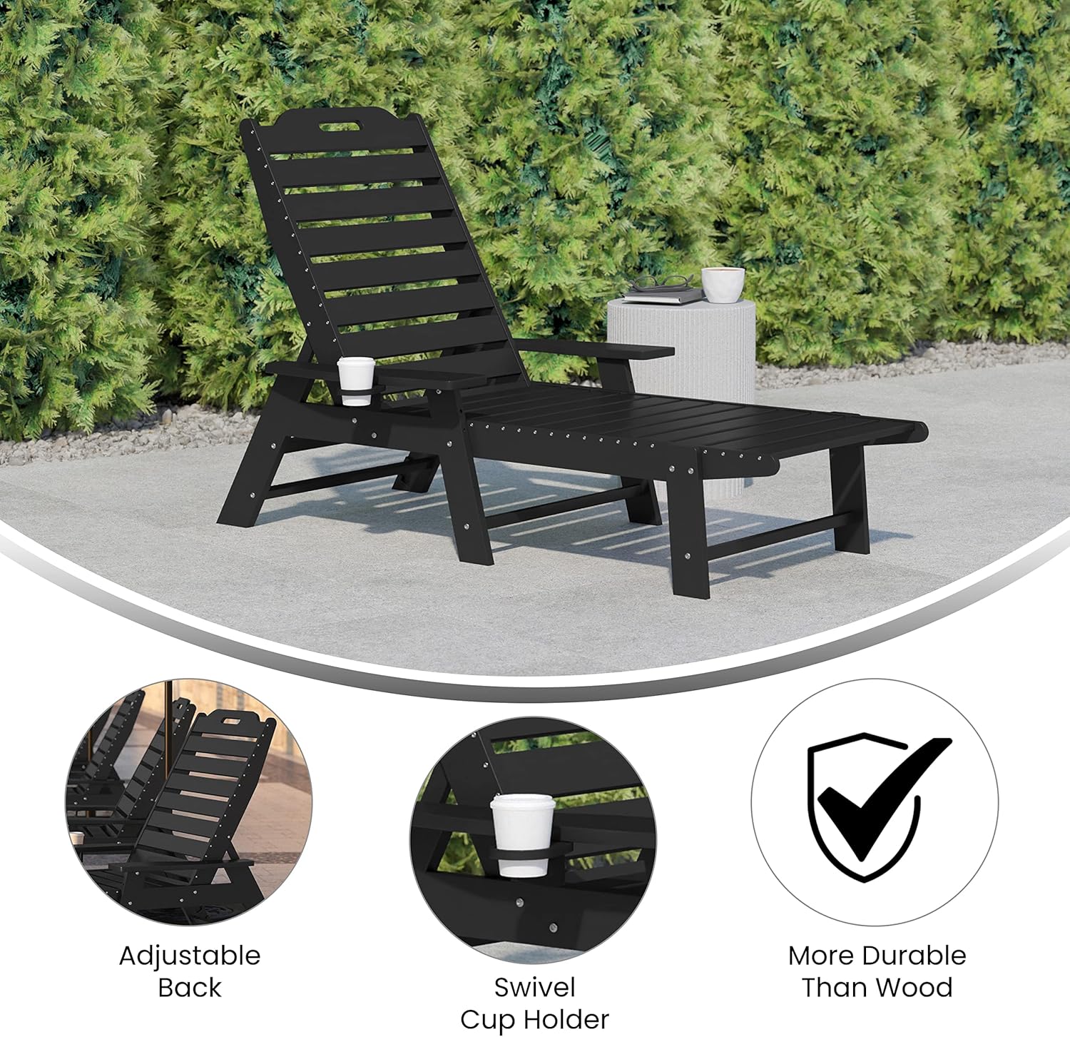 Flash Furniture Monterey Adjustable Adirondack Lounger with Cup Holder- All-Weather Indoor/Outdoor HDPE Lounge Chair, Black