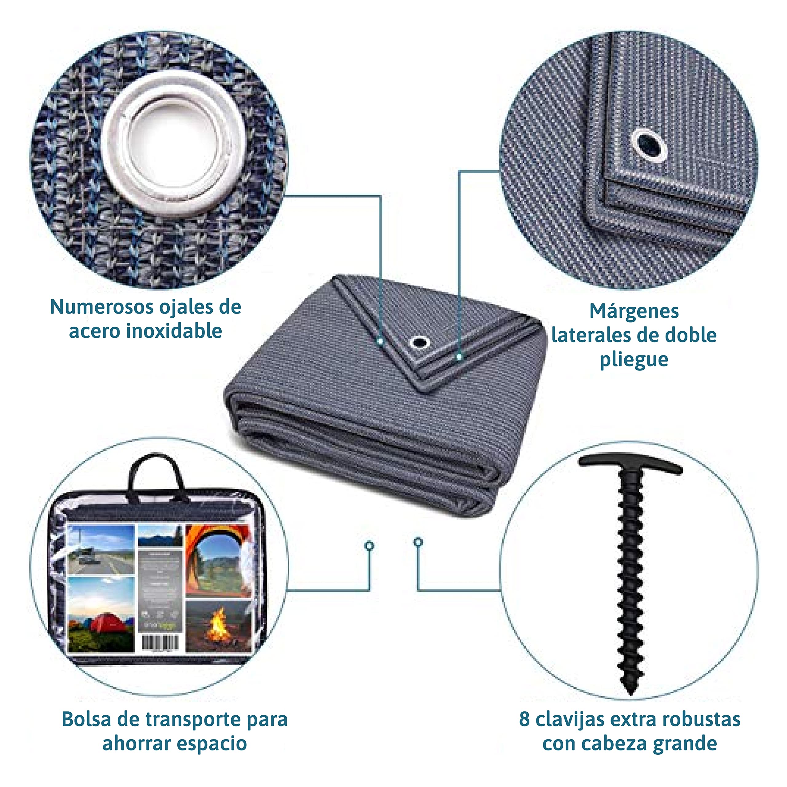 Alfombra De Toldo - Suelo De Polietileno Azul / Gris (Hdpe) Con Ojales De Acero Inoxidable - Muy Robusta Y Lavable - Incluye Bolsa De Transporte Y 8 Clavijas En Forma De T - Además: 1X Nivel De Burbuja Cruzada