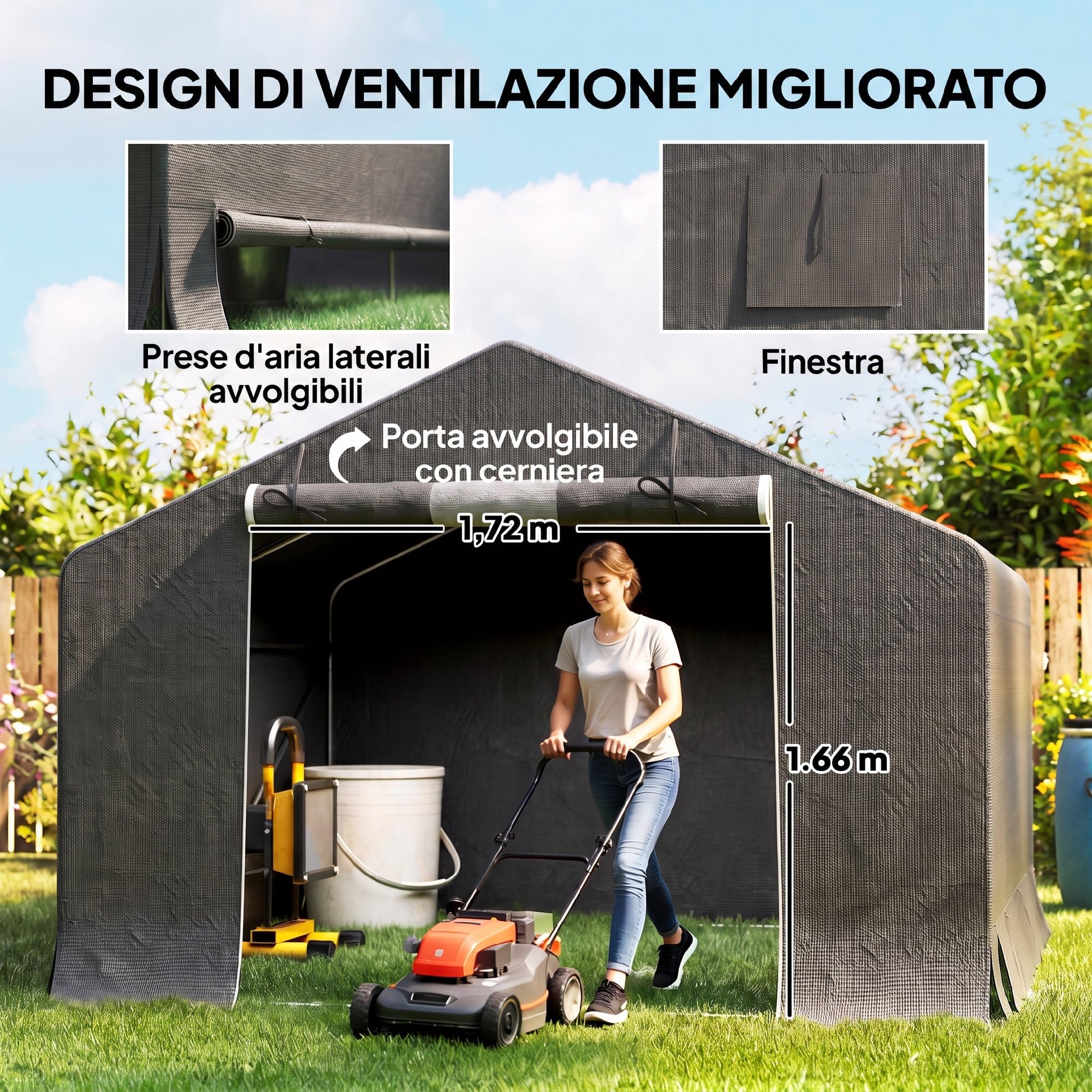 Outsunny Garage Moto per Esterno 3x3m Tenda Garage Impermeabile GrigioScuro | Porta Avvolgibile, Prese d'Aria, per Biciclette e Attrezzi, Metallo e Tessuto PE Anti UV