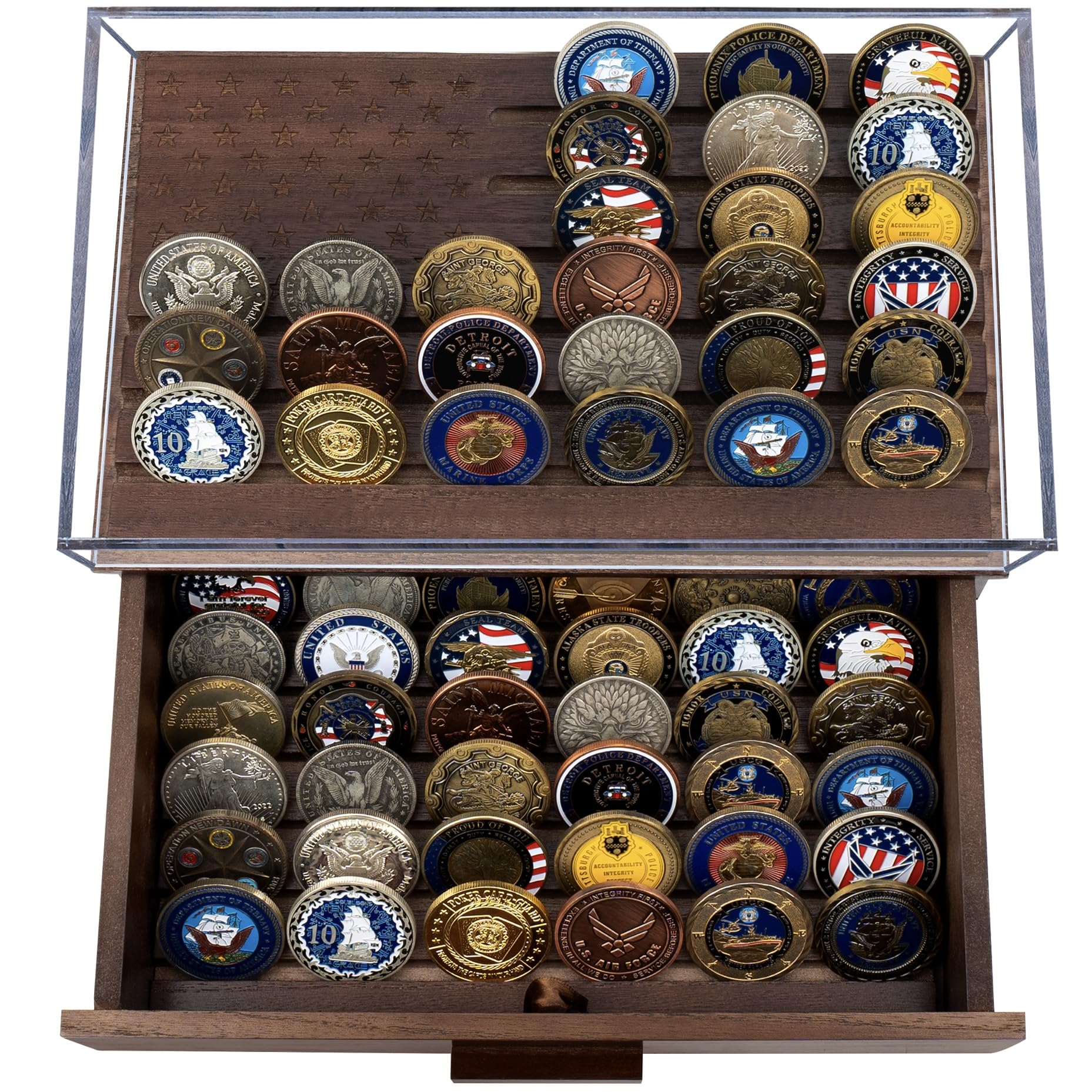 Military Challenge Coins Display Holder with American Flag and Clear Cover - Solid Wood Challenge Coin Stand with Drawer, Challenge Coin Display Case