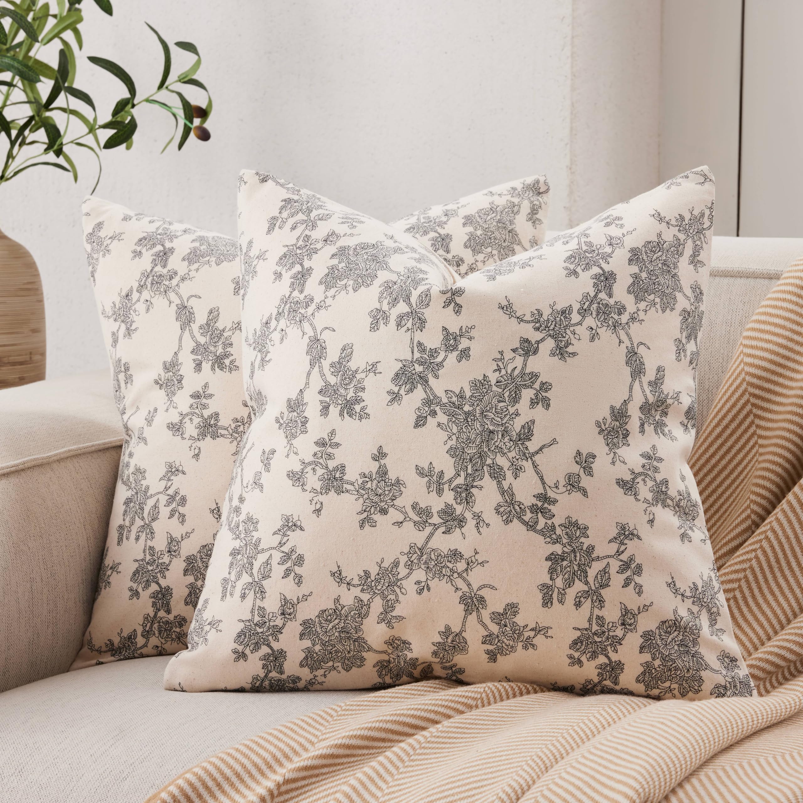 YZJZEDS 100% Cotton French Pastoral Throw Pillow Covers Set of 2, 20x20 Inch Black Farmhouse Decorative Cushion Covers for Sofa Bed Living Room Home