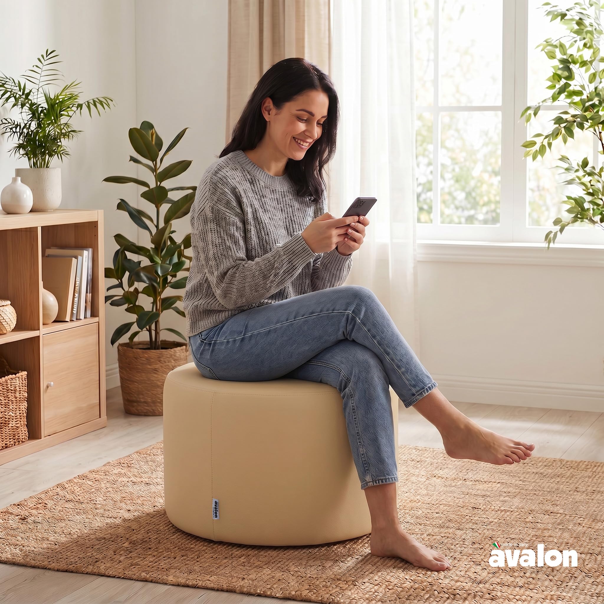 Avalon - Pouf Poggiapiedi Rigido CILINDRO Mamba Ignifugo Classe 1IM in Ecopelle Nautica, Puff Poggiapiedi, Seduta da Interno ed Esterno, Professionale Comodo Impermeabile, Made in IT(45cm-Beige)