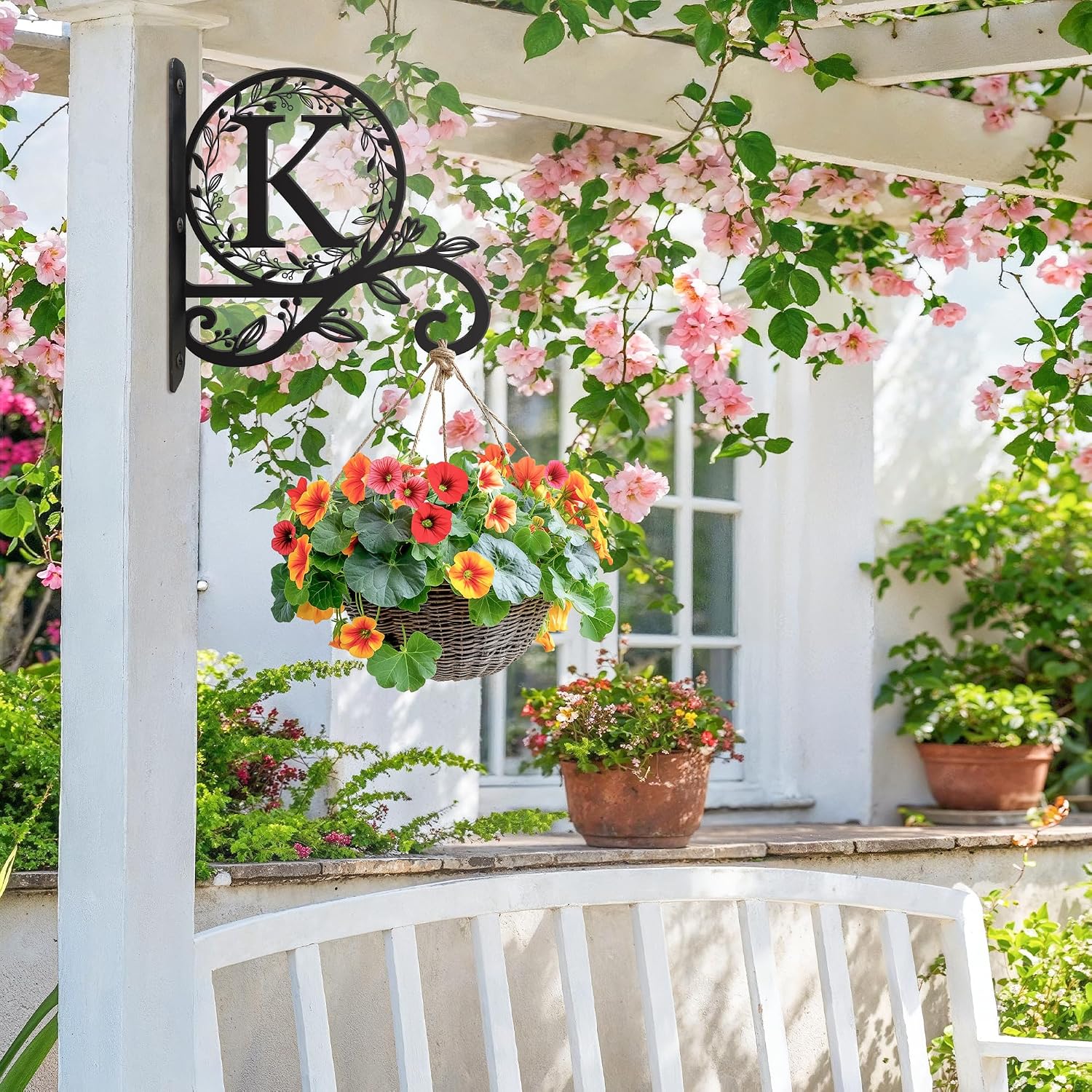 Metal Initial Letter K Plant Hanger Bracket, Decorative Wall Mount Hanging Plant Hook, Monogram Floral Leaf Garden Decor for Hanging Baskets, Bird Feeders, Lanterns, Wind Chimes