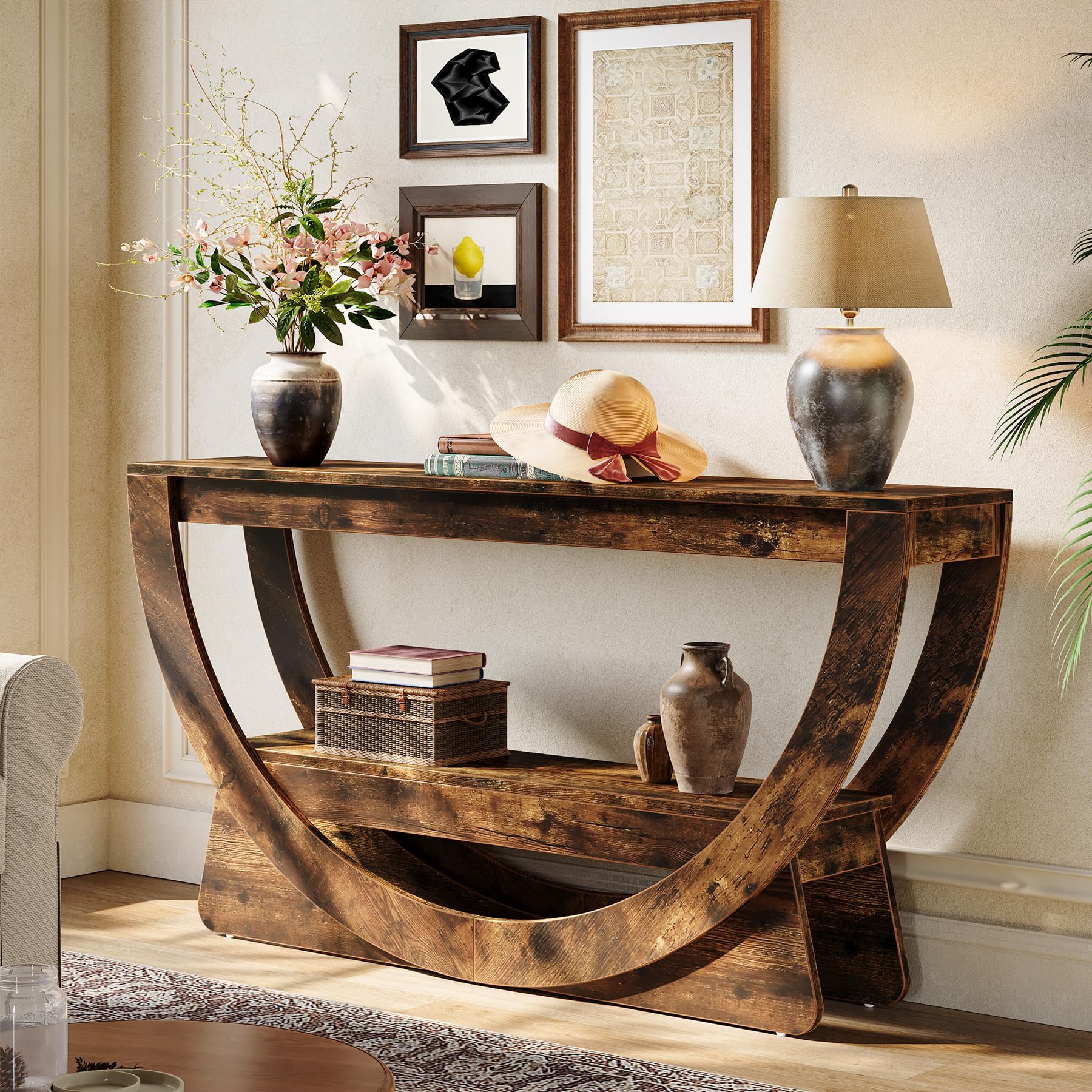 Tribesigns Table Console 160 cm, Industrielle Table d'entrée à Deux Fermier avec étagères de Rangement, Table d'appoint en Bois pour Couloir, Salon, entrée, Hall (Brun foncé)