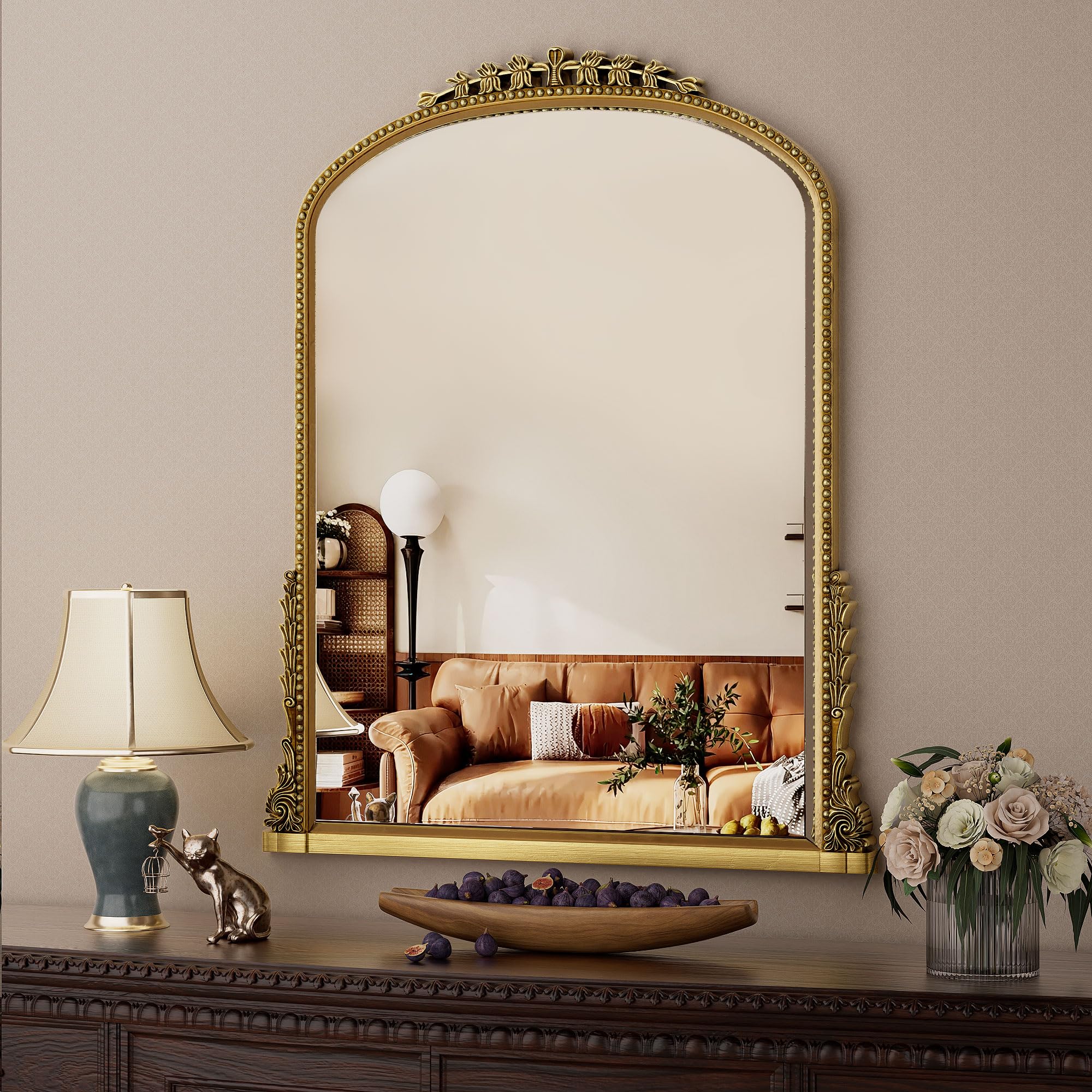 Wall Mirror, Vintage Carved Bathroom Mirror 40" x 32" Antique Metal Frame Wall Mirror for Bedroom, Living Room, Entryway, Fireplace, Hallway, Gold