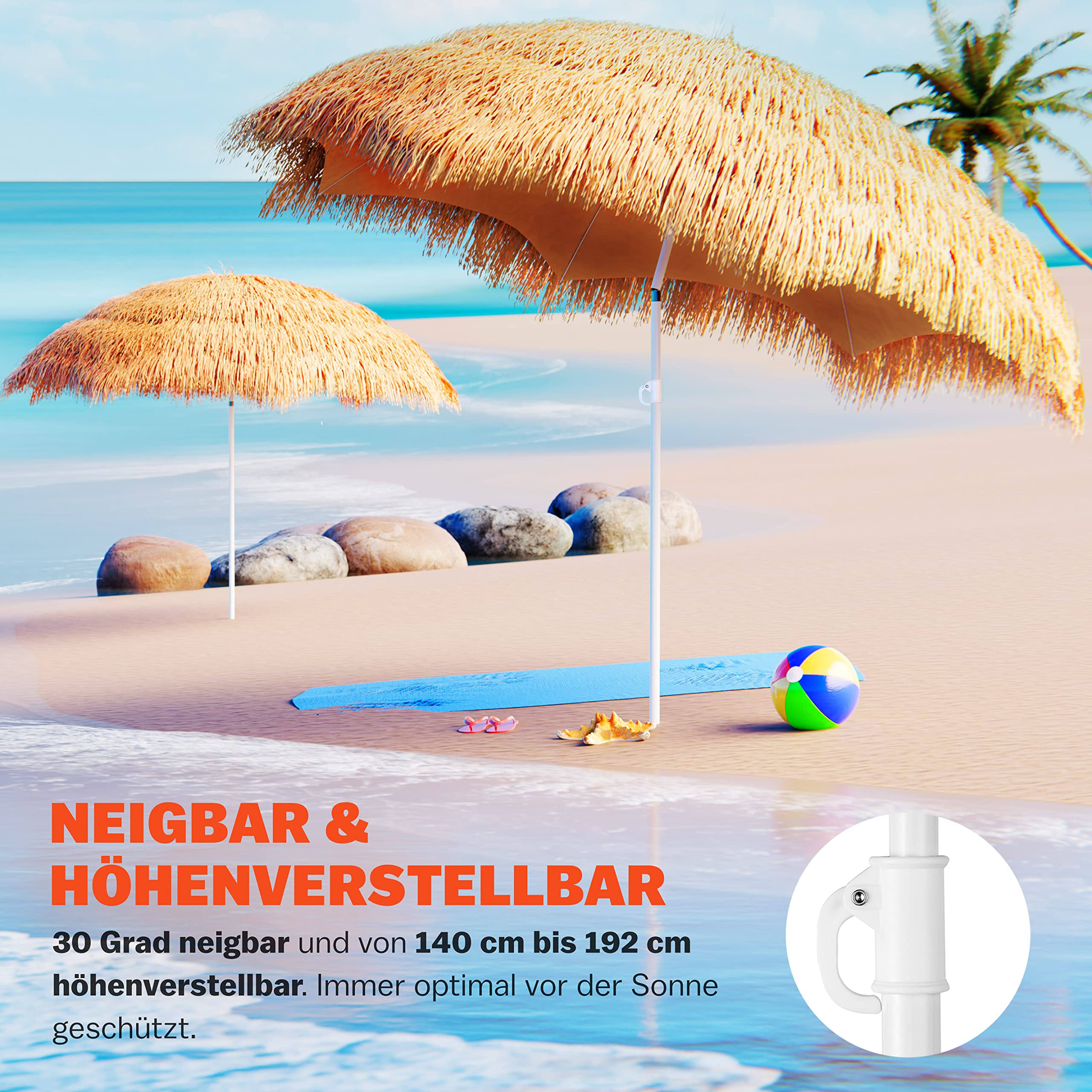 Kingsleeve® Sonnenschirm Hawaii Ø160cm Neigbar Höhenverstellbar UV Schutz 30+ Groß Rund Balkon Strand Strohschirm Strandschirm Bast Hawaiischirm Braun