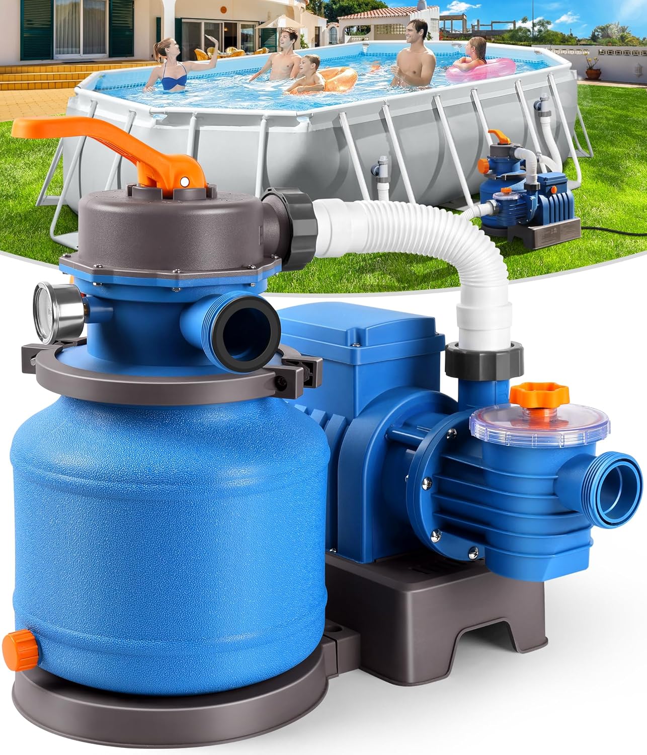 2500 GPH Sand Filter Pump for Above Ground Pools, Pool Pumps Above Ground with 24H Automatic Timer, 6-Way Valve, Efficient Circulation & Filtration Pool Sand Pump, Up to 12000 Gallons -Orange