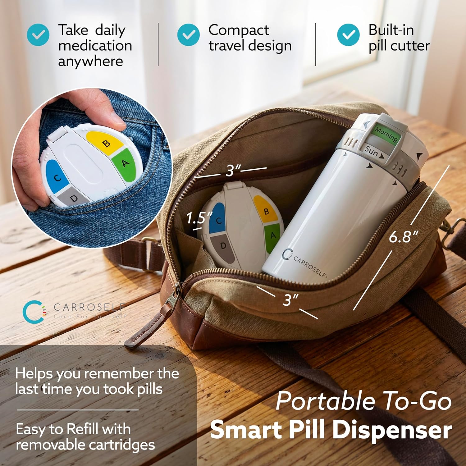 Smart Pill Dispenser with App Reminder – Full Set Easy-to-Use Vitamin & Medicine Dispenser with 4 Daily Doses, Large Bottle Medication Organizer w/to-Go Box Pill Cutter & 4 Extra Cartridges
