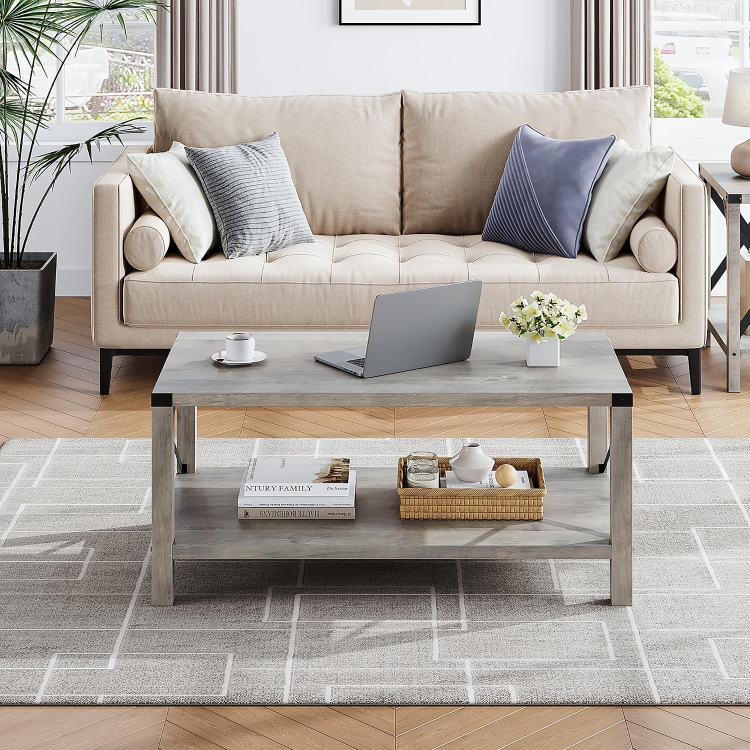 IDEALHOUSE Rectangle Coffee Table 2-Tier Farmhouse Coffee Table for Living Room, Industrial Wood Look Grey Tea Table with Easy Assembly Accent Storage Shelf and X Metal Frame