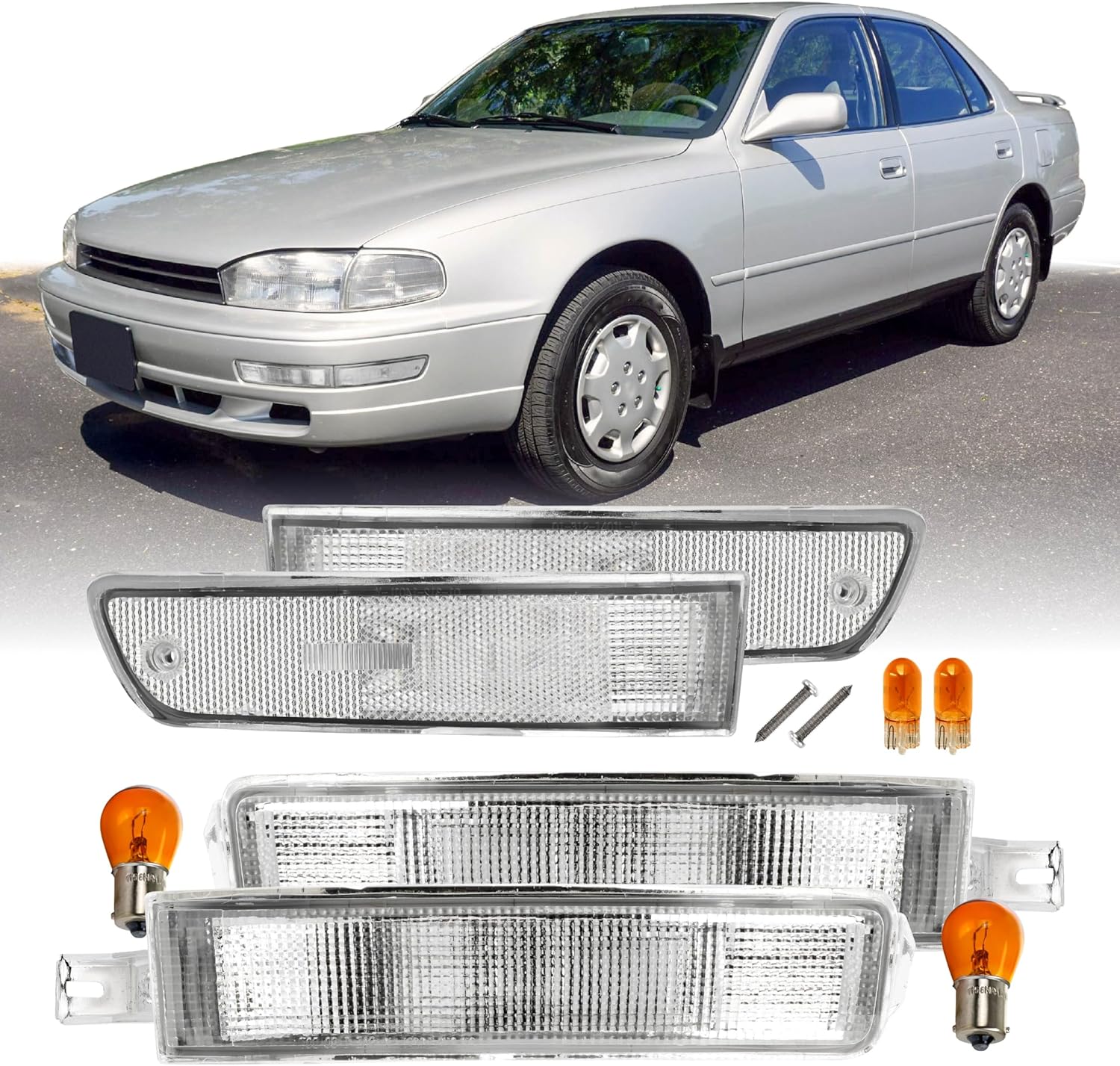 USR 92-94 SXV10 Bumper Light – Turn Signal Lamps (Left + Right) 4pc Set - Compatible with 1992-1994 Toyota Camry All Models such as DX, LE, SE, XLE, DLX (CLEAR BUMPER LIGHTS w/AMBER BULBS)