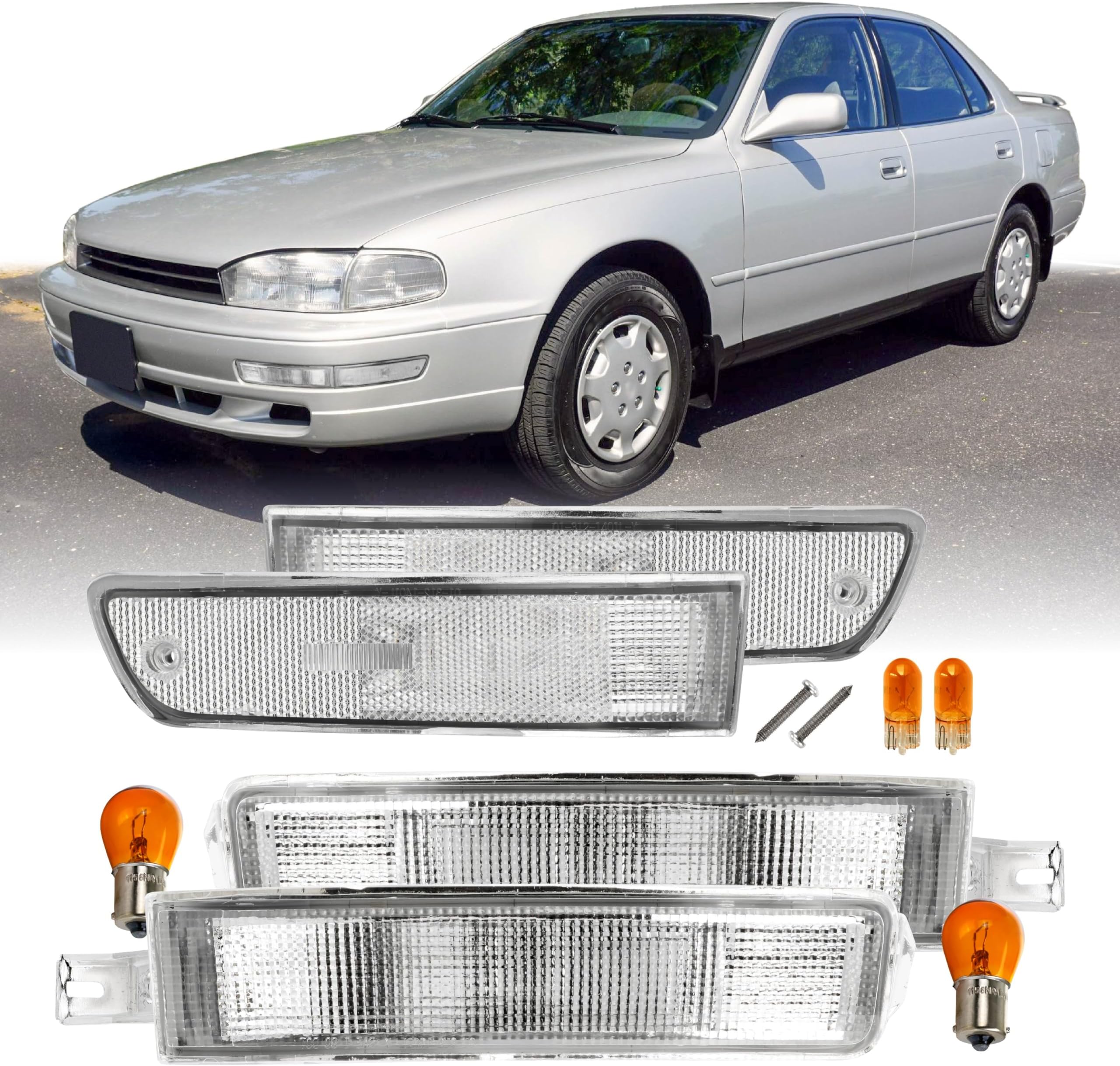 USR 92-94 SXV10 Bumper Light – Turn Signal Lamps (Left + Right) 4pc Set - Compatible with 1992-1994 Toyota Camry All Models such as DX, LE, SE, XLE, DLX (CLEAR BUMPER LIGHTS w/AMBER BULBS)
