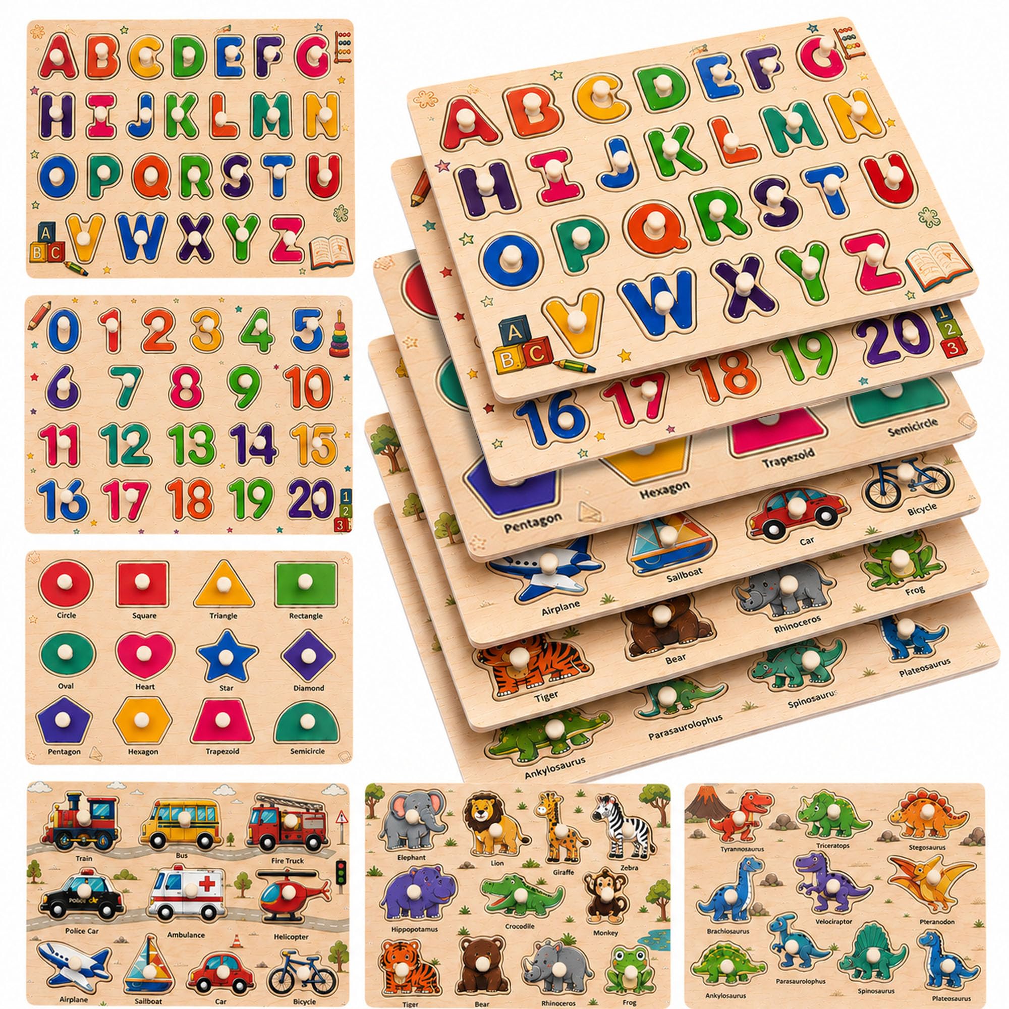 Wooden Peg Puzzles for Kids Ages 3-5, 6 Pack Large ABC Alphabet Number Shape Animal Dinosaur Vehicle Puzzle Set, Preschool Learning Toys, Montessori Educational Gifts for 3 4 5 Boys Girls
