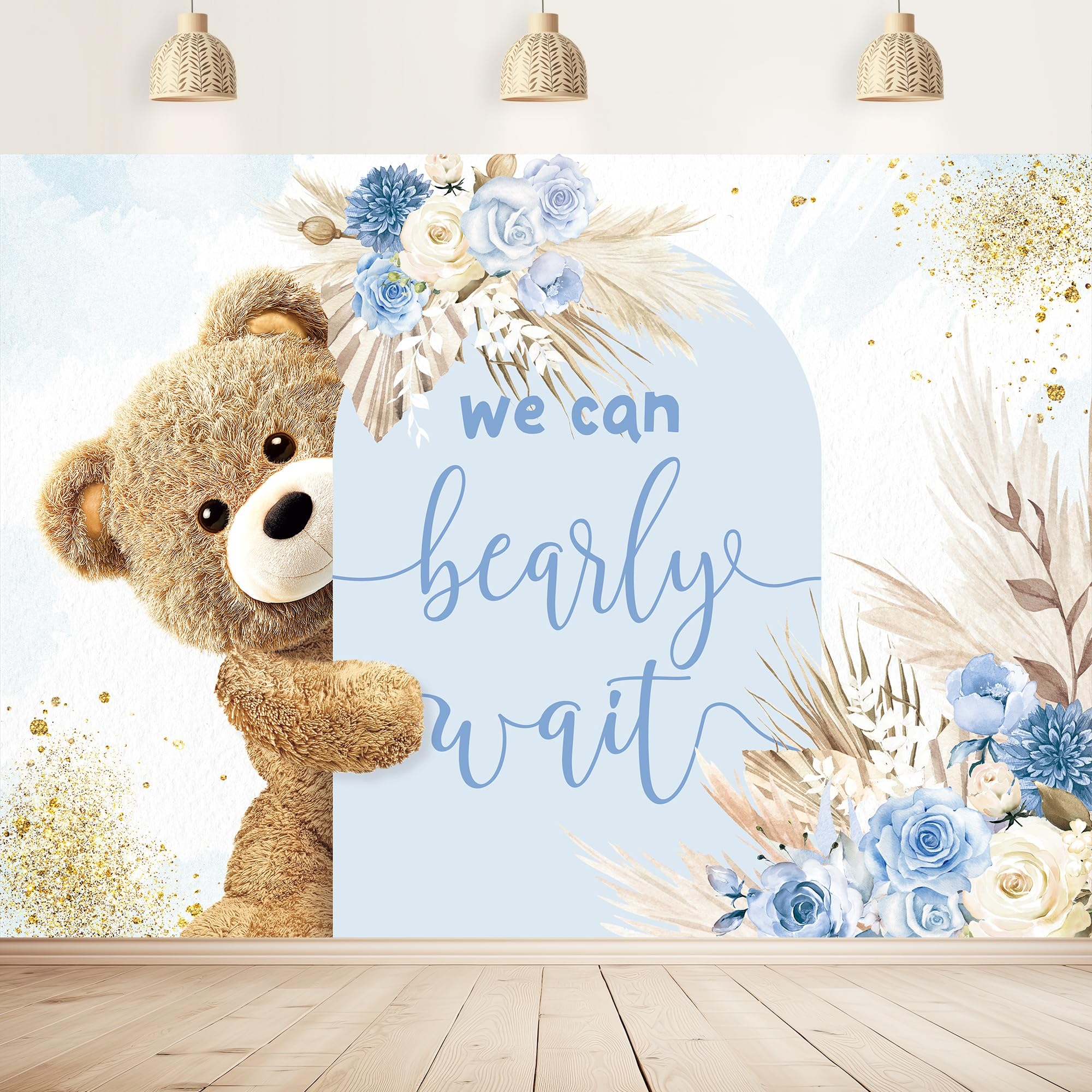 Imirell We Can Bearly Wait Backdrop 7Wx5H Feet Boys Bear Baby Shower Boho Blue Pampas Brown Cartoon Newborn Polyester Fabric Cute Lovely Photography