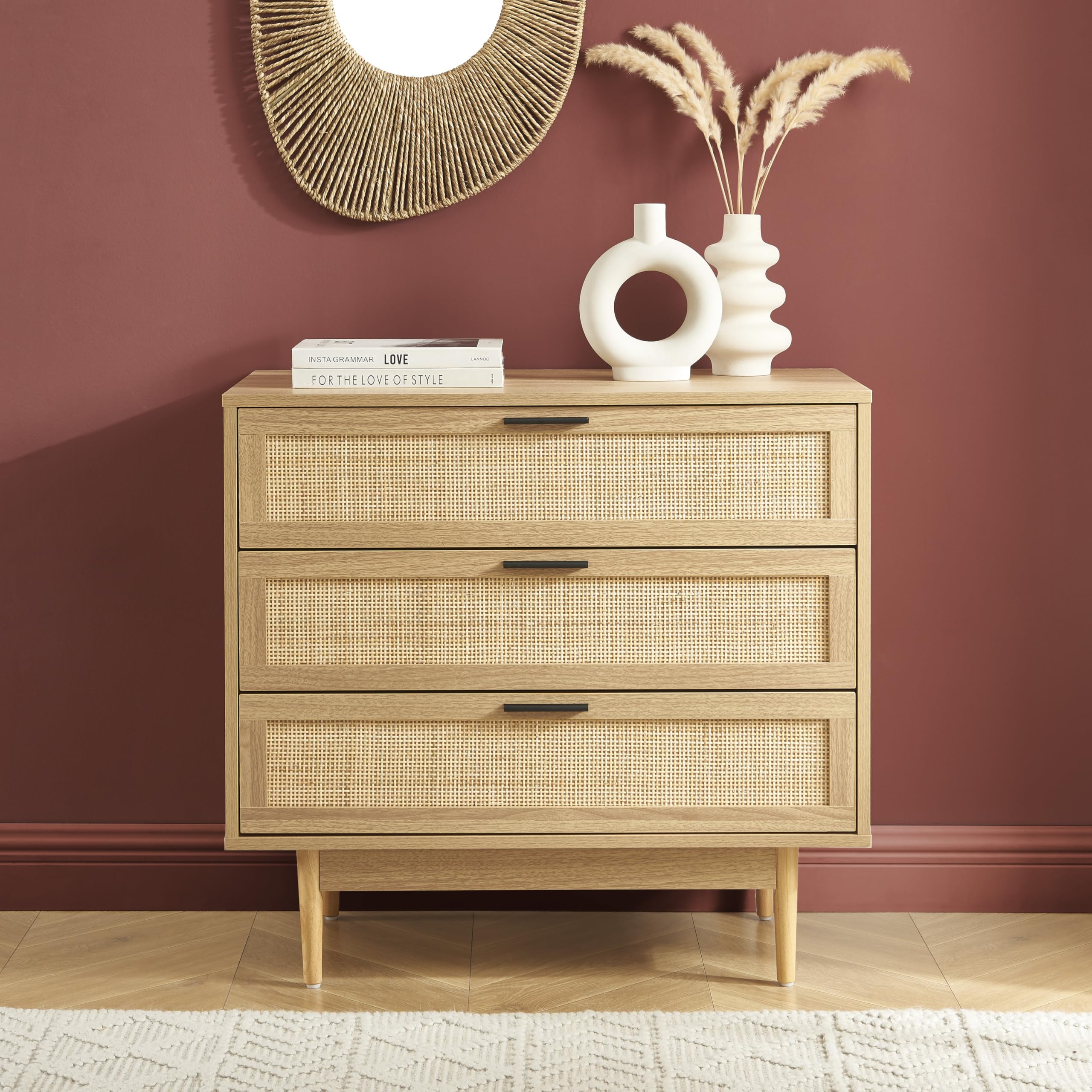 BAÏTA Commode Amana Effet chêne et cannage rotin 3 tiroirs 80cm