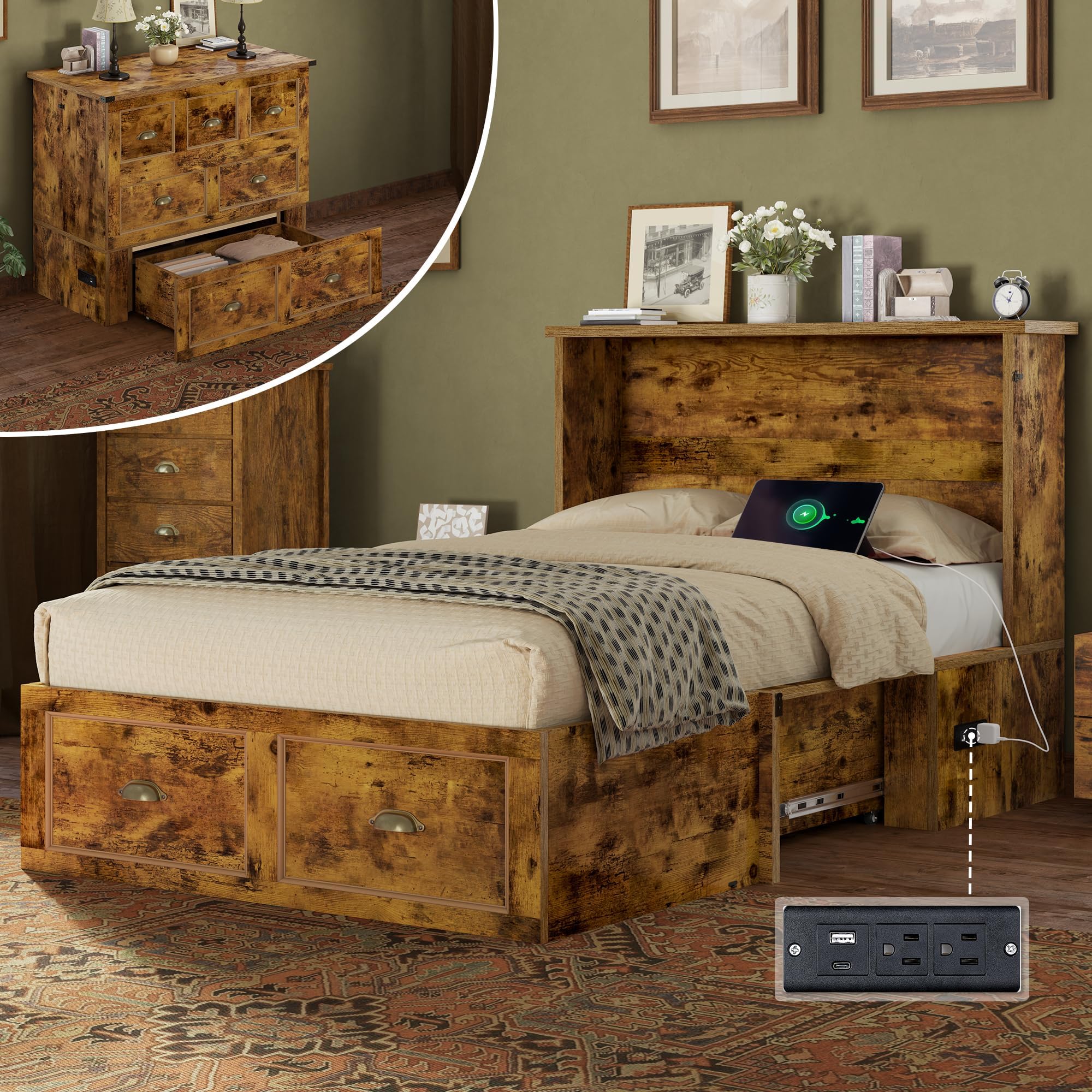 AMERLIFE Twin Size Murphy Bed, Farmhouse Wooden Cabinet with Charging Station and Storage Drawer for Bedroom/Office/Guest Room, Rustic Brown