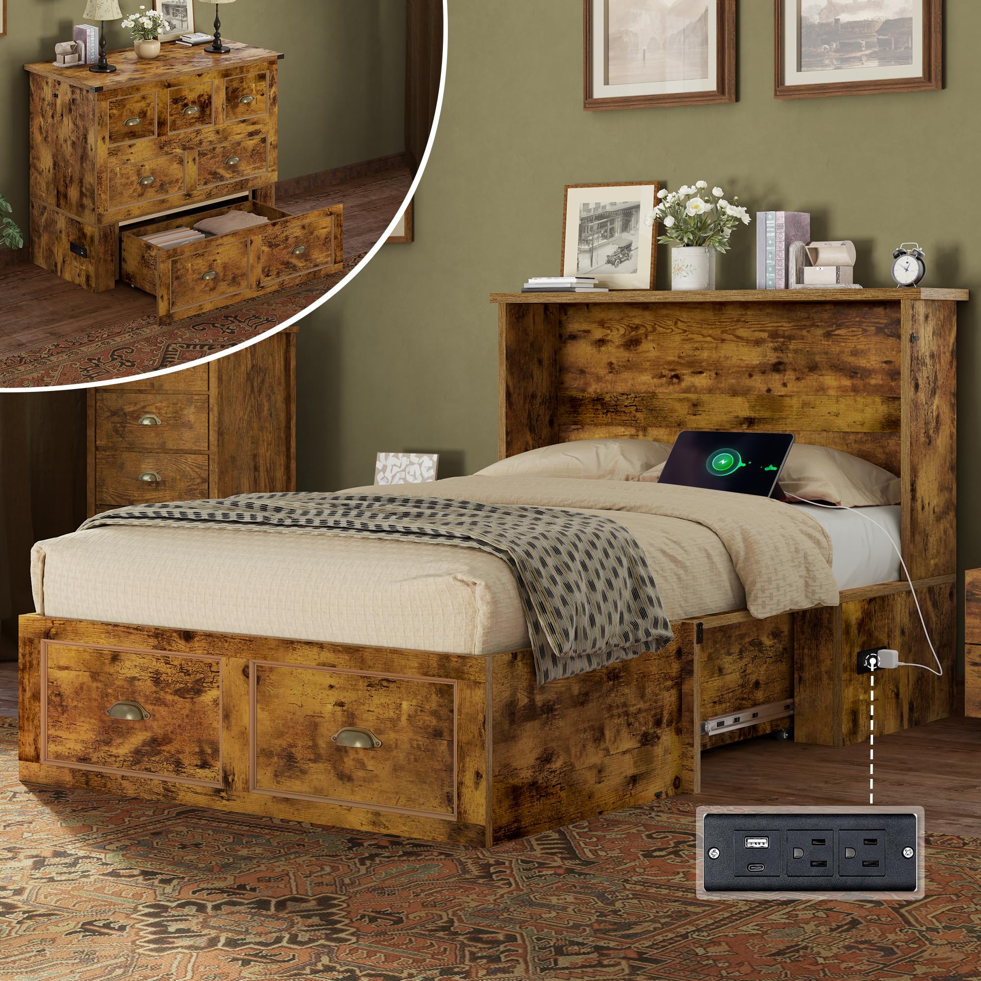 AMERLIFE Twin Size Murphy Bed Frame with Storage Drawer &amp; Charging Station