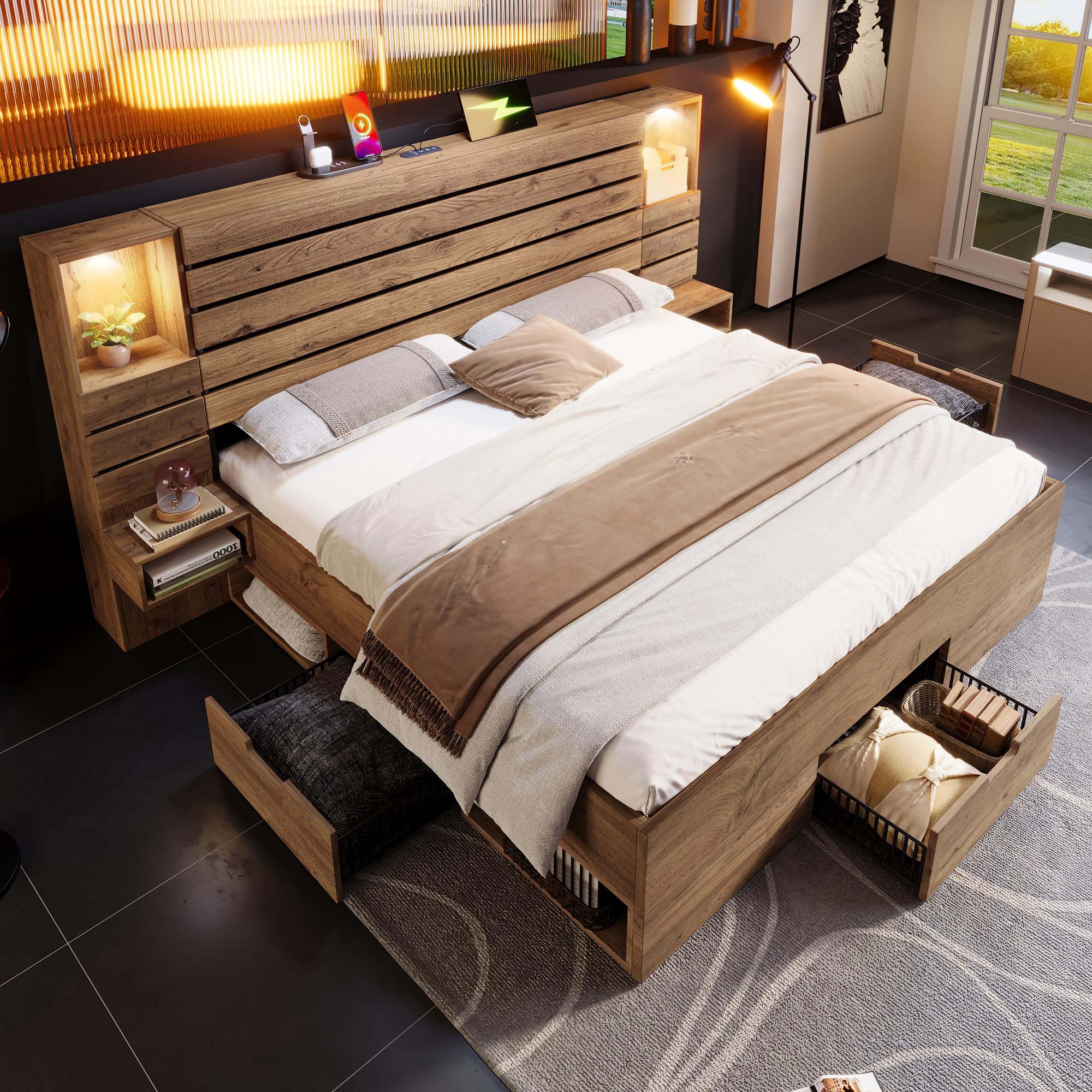 Lit 160x200 cm avec Rangement,Lits et Cadre de Lit pour Adulte Bois avec 4 Tiroirs,Tables de Chevet Suspendues,LED et USB Type-C,Lit Double Aspect chêne(sans Matelas)