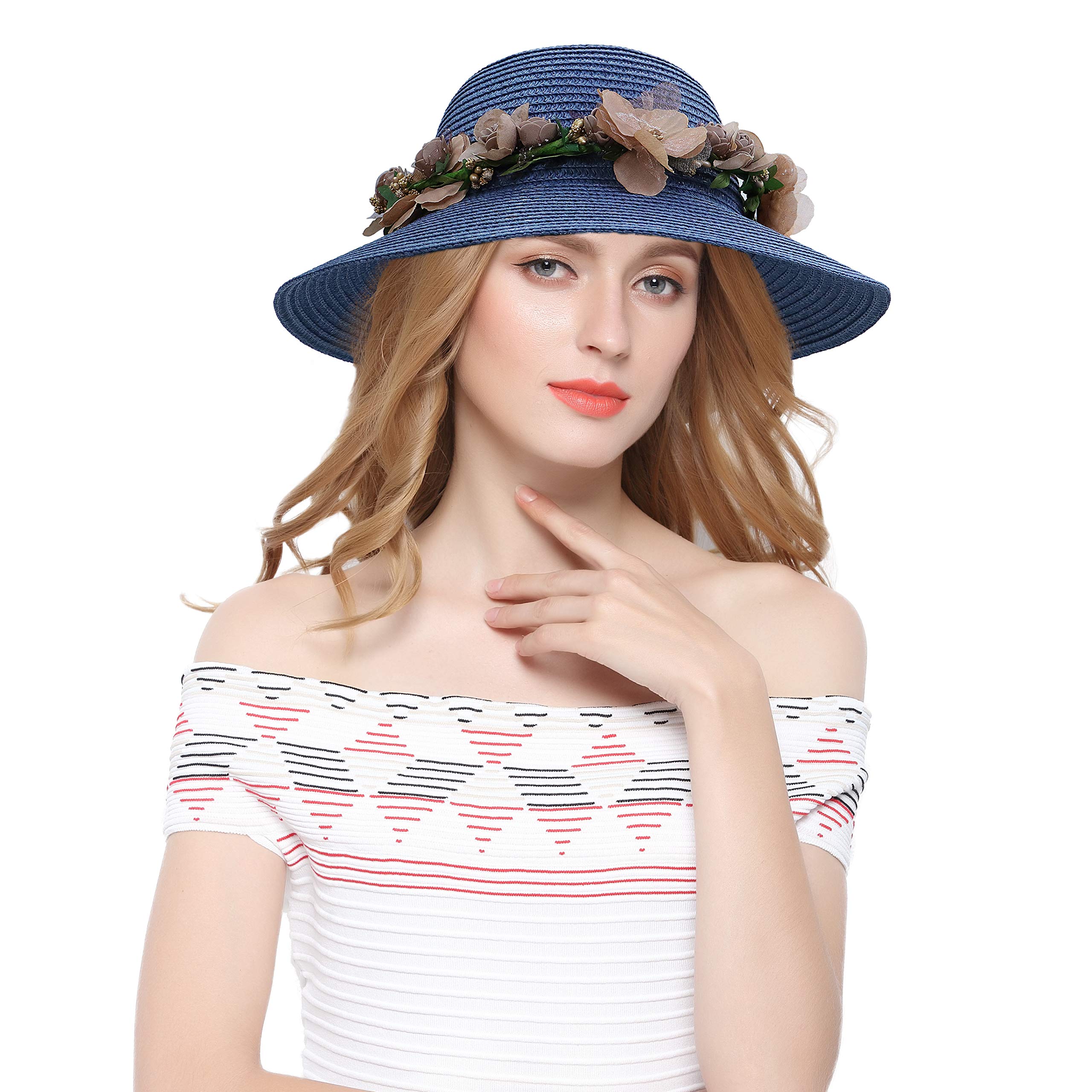 Moda flor encaje cinta ancha tapas verano playa sol sombrero sombrero paja sombreros para las mujeres, marino 2