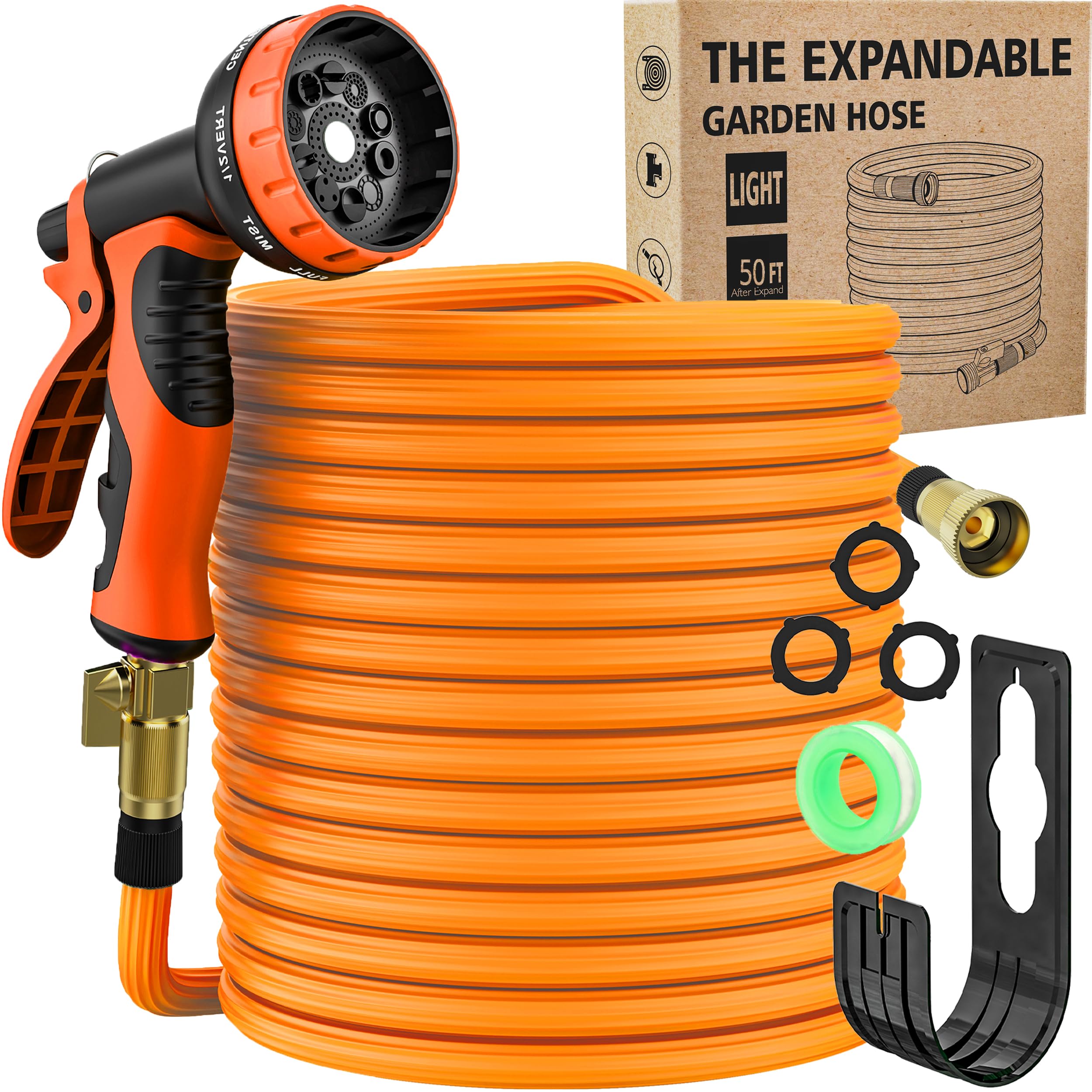 Expandable 50Ft Garden Hose with 10 Function Spray Nozzle, Nano Rubber latex High Elastic Multilayer Leakproof Pipe, Lightweight Flexible Water Hose, 3/4Anti Leak Connector (50FT, Orange)…
