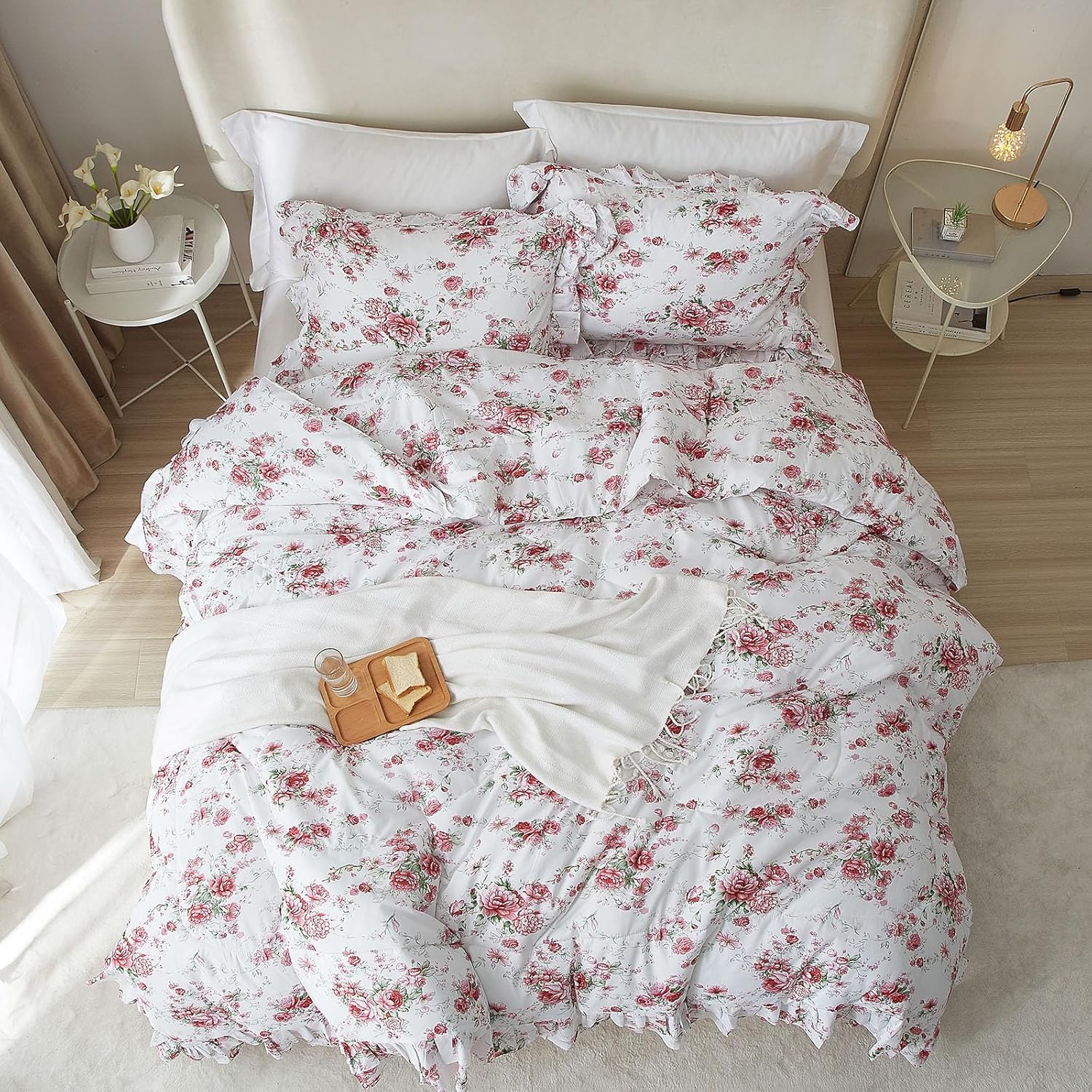 Rose Red Flower Comforter Set Queen Size Romantic Girls Lace Comforter Set Soft Microfiber Botanical Bedding Comforter Set 1 Floral Ruffled Comforter with 2 Pillowcases Lightweight Comfy - Image 5