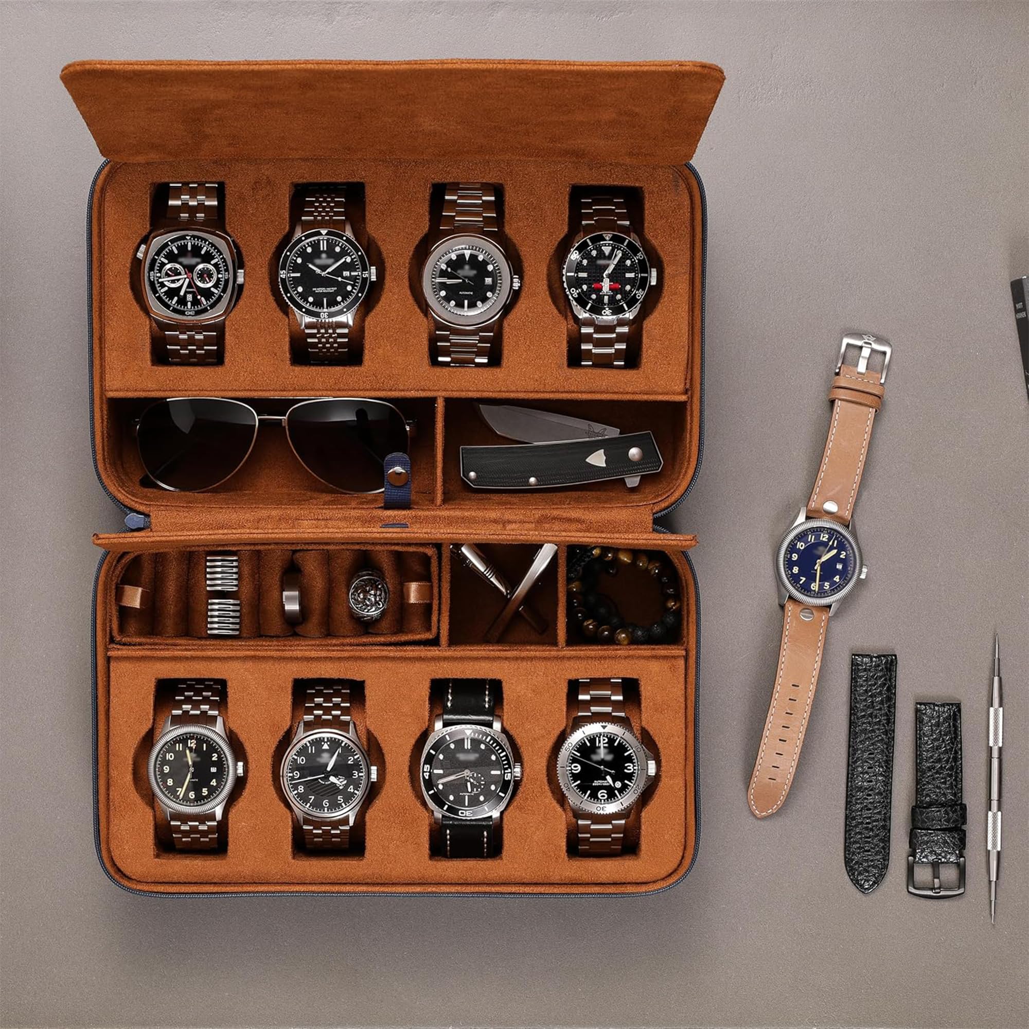 ROTHWELL Étui de voyage pour 8 montres, lunettes de soleil, bagues et boutons de manchette | Protection portable robuste avec fermeture éclair – S’adapte à la plupart des montres