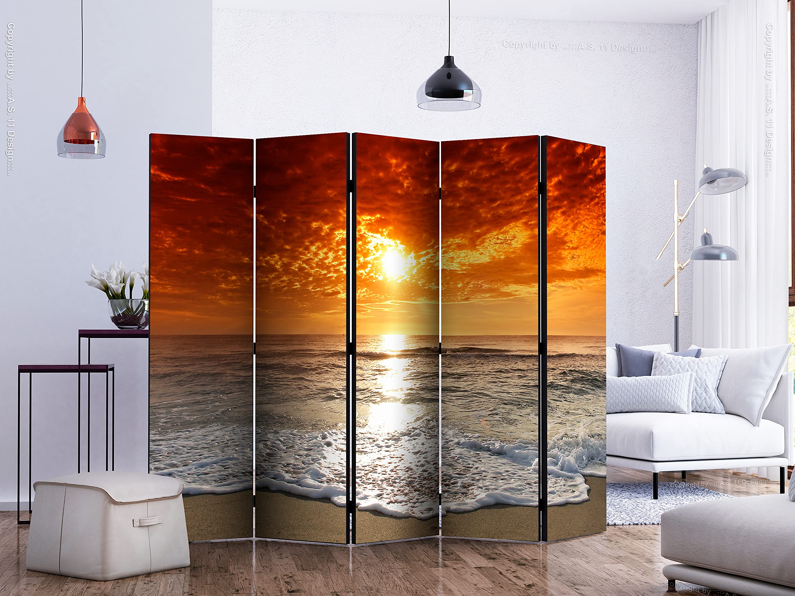 decomonkey Paravent décoratif intérieur Paysage Orange Gris 225x172 cm | Cloison de séparation imprimée sur Toile, Paravent en Bois, deux côtés, Beige Marron Vagues océan Plage Soleil Coucher de