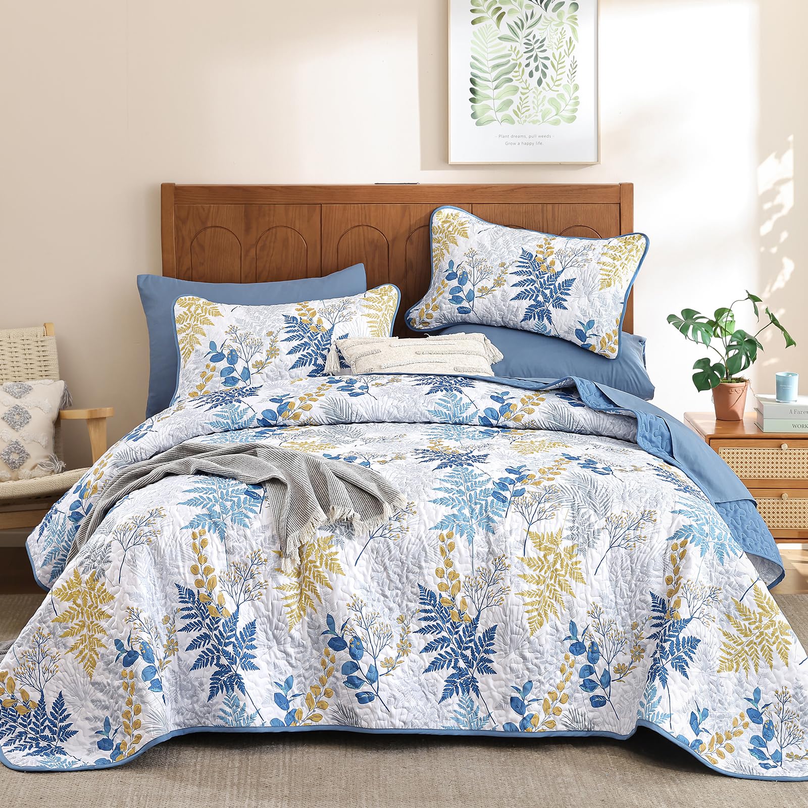 WONGS Bedding Couvre-lit botanique 3 pièces avec Motif de Feuilles – Couvre-lit réversible en Microfibre légère pour Toutes Les Saisons (243,8 x 228,6 cm), Bleu Marine