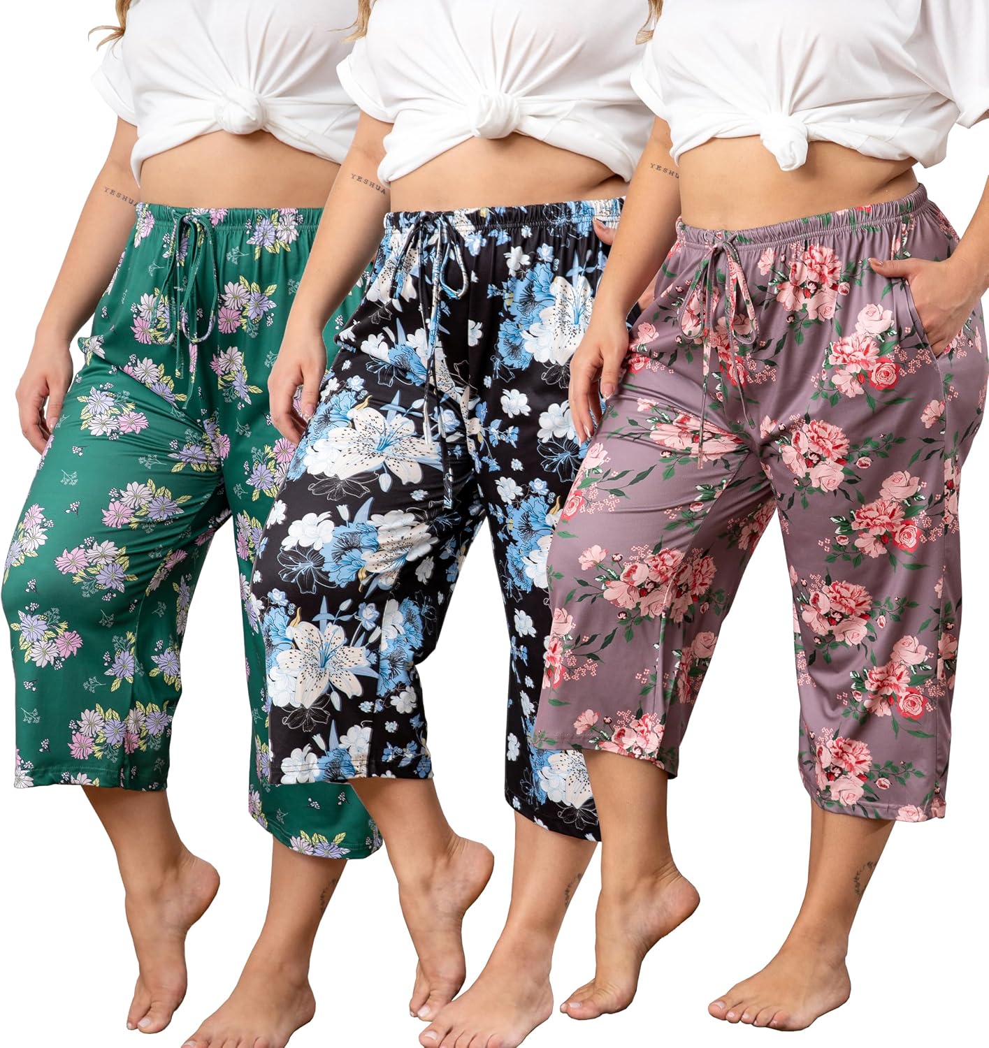 Vozanet 3 Pack Women Plus Size Capri Pajama Pants Sets Drawstring Pj Bottoms Casual Lounge with Pockets XL to 5XL