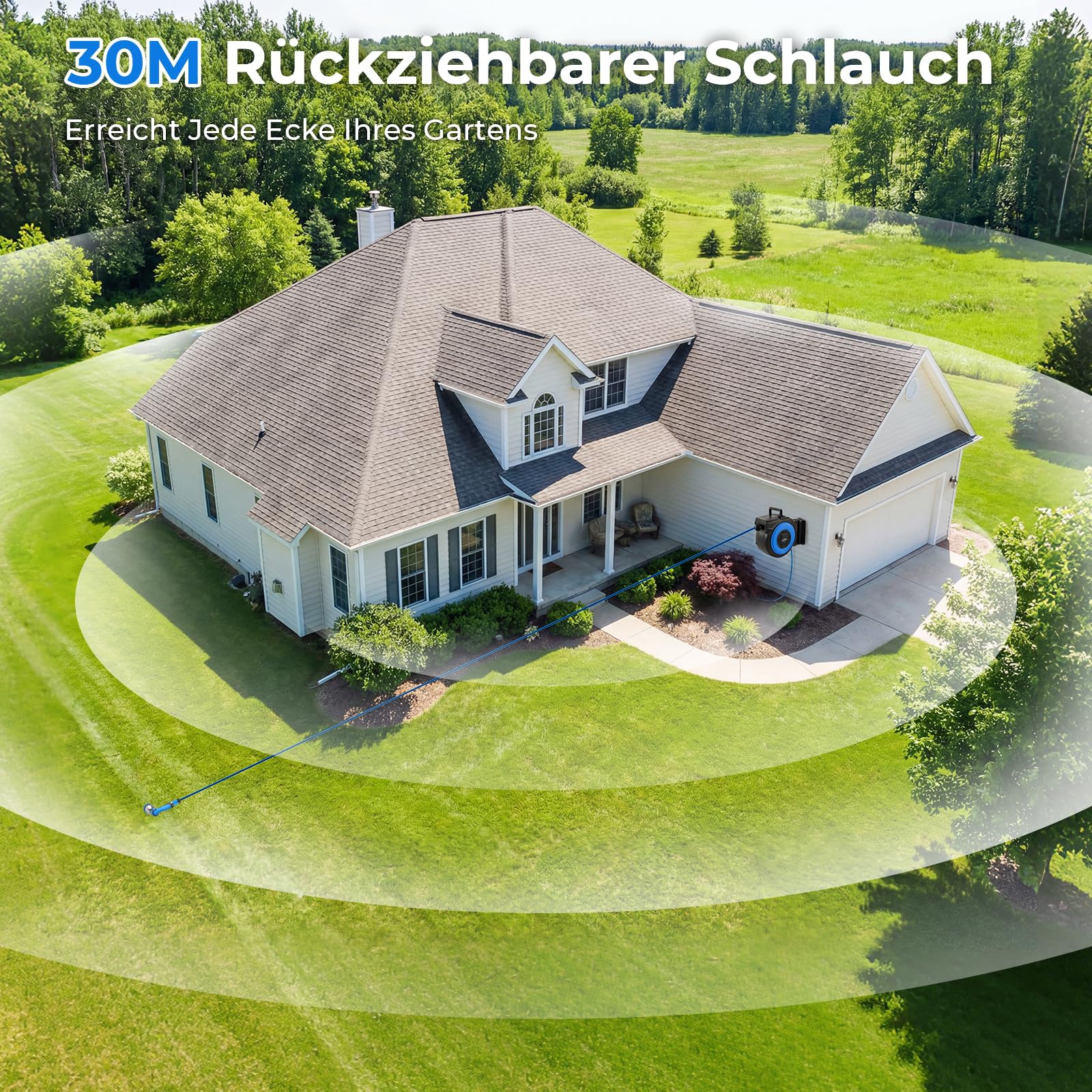 Himimi Schlauchtrommel Gartenschlauch 30m+2m, Wand-Schlauchbox 180° Schwenkbar, Automatischer Rückzug, 10-in-1 Multibrause, Arretierung in Jeder Länge – Garten & Autowaschen