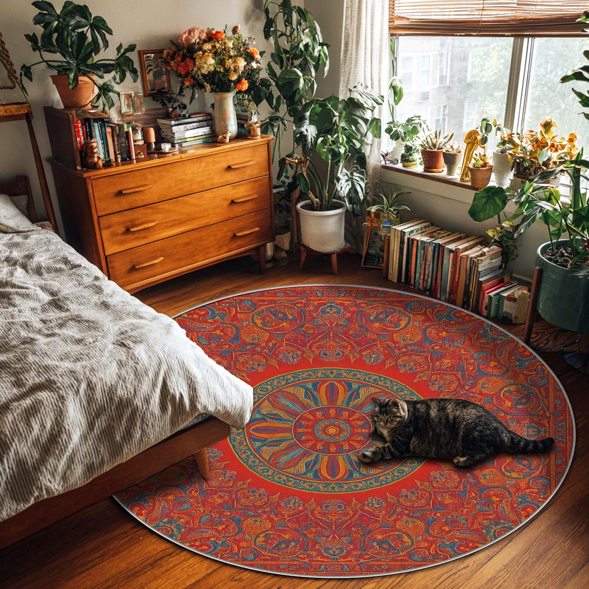 Tapis floral bohème artistique mandala géométrique sans rouge à poils courts pour salon, chambre à coucher, décoration de salle à manger, 1,8 x 1,8 m