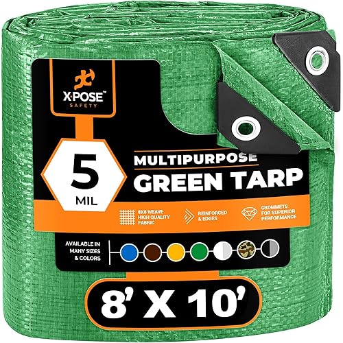 Multipurpose Protective Cover Green Poly Tarp 8' x 10' - Durable, Water Resistant, Weather Resistant - 5 Mil Thick Polyethylene - by Xpose Safety