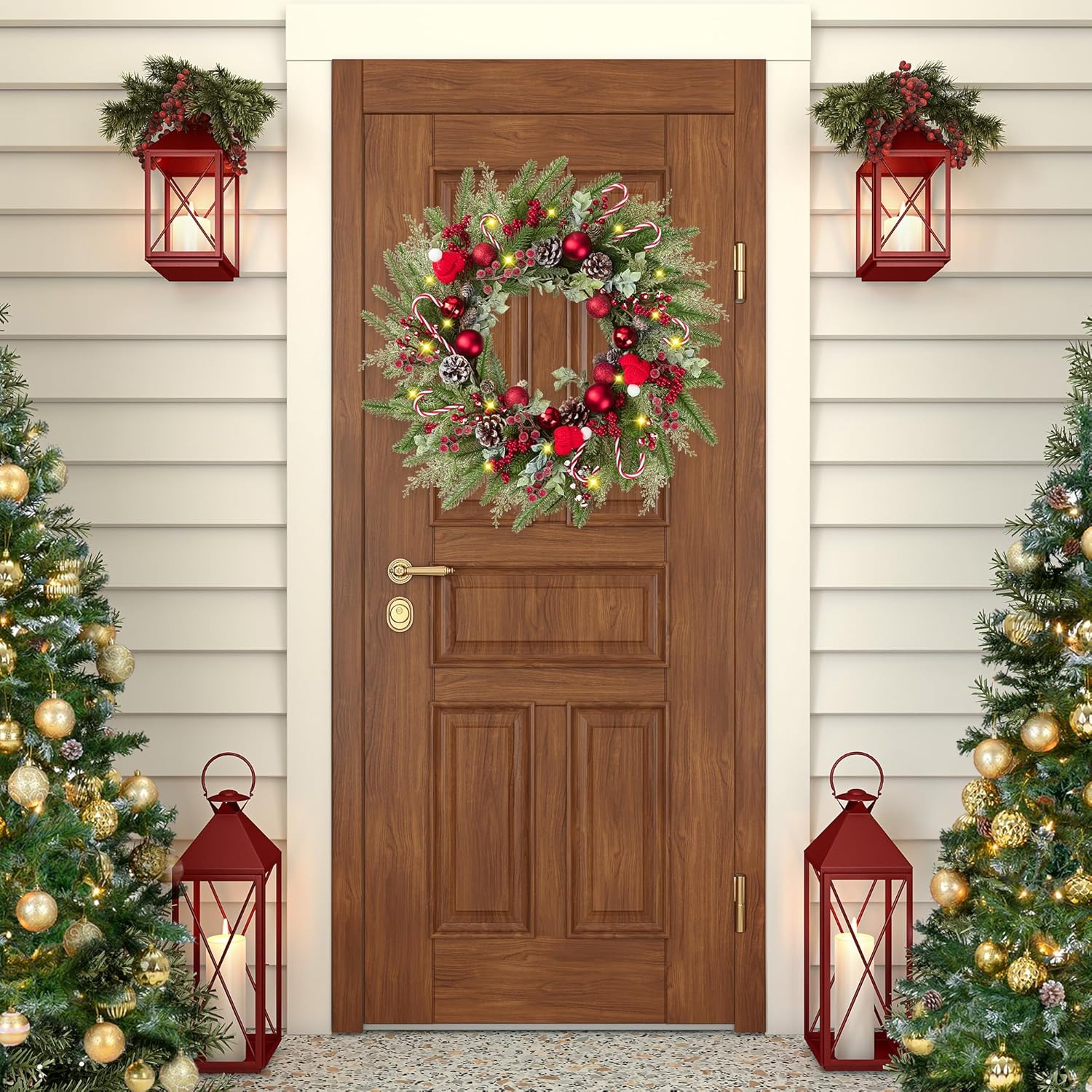 22’’ Artificial Christmas Wreath for Front Door with Red Balls Candy Canes Pine Needles Red Berries Pine Cones Christmas Decorations for Winter Wall Outdoor Home Holiday Xmas Decor - Image 4