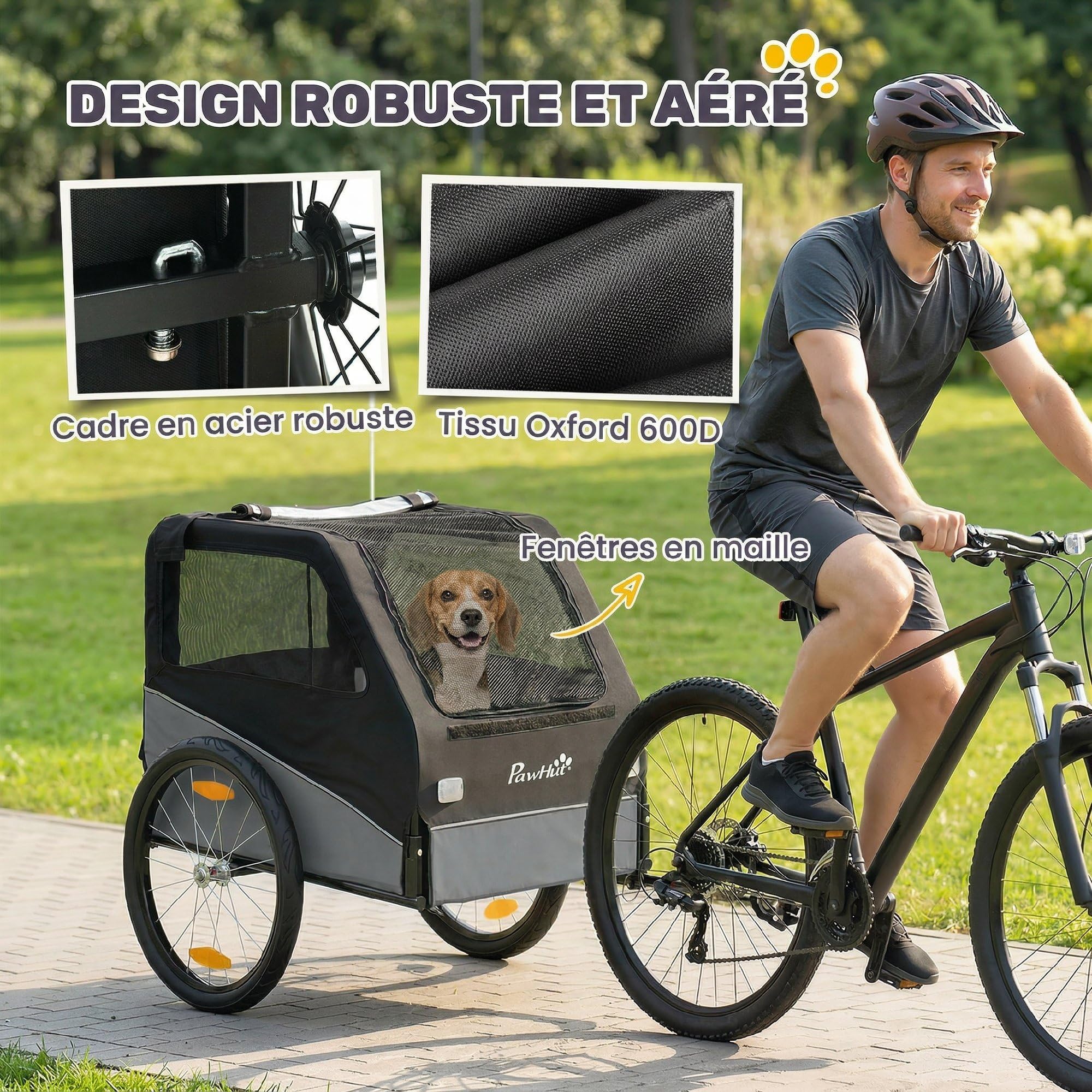 PawHut Remorque Vélo Chien avec Pneus 20" en Caoutchouc à Dégagement Rapide, Chariot pour Chien Moyen avec Attache Universelle, Réflecteurs, Drapeau, Laisse, Charge 20 kg, Gris et Noir