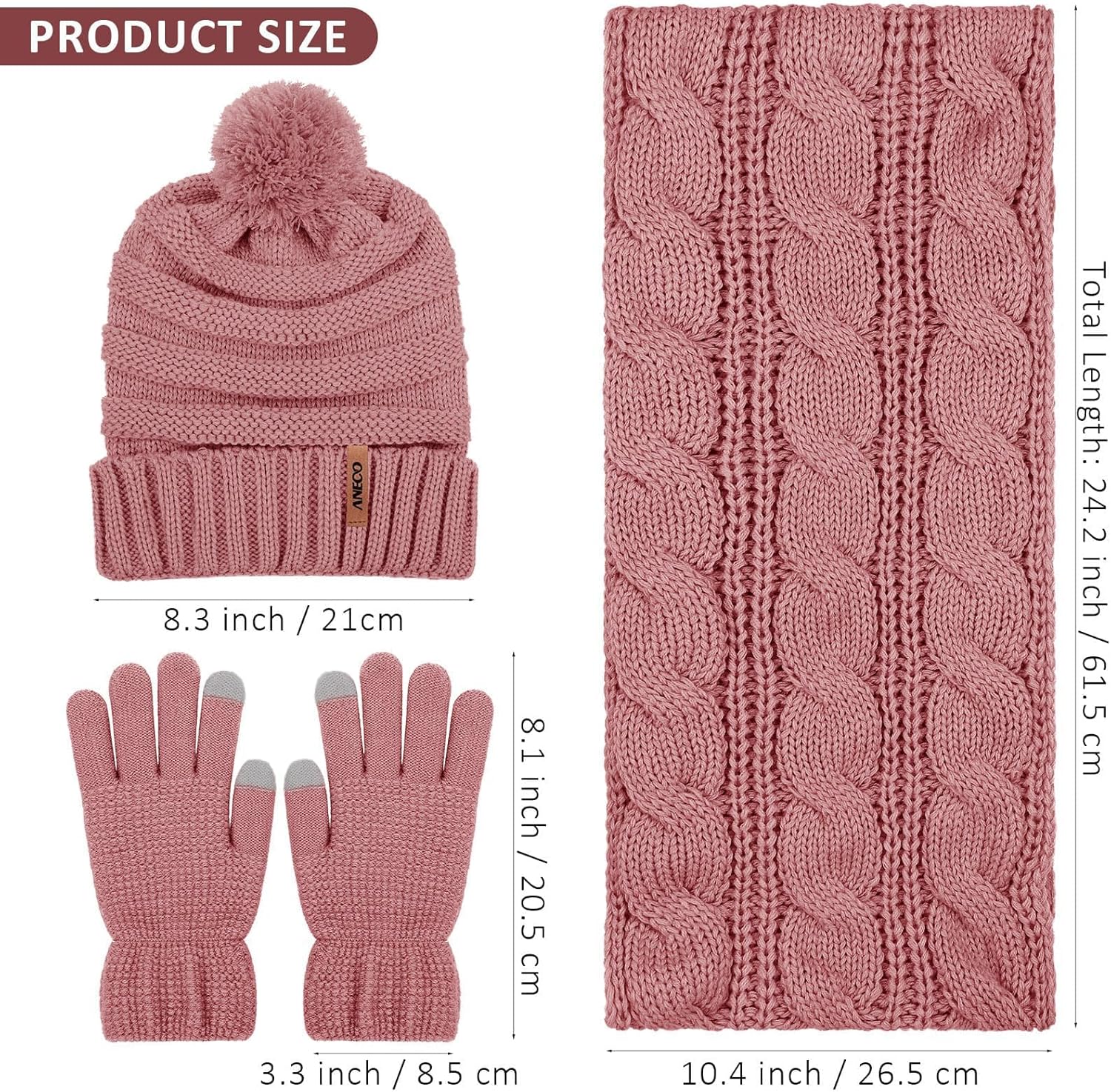 Aneco Winter Warm Knitted Scarf Beanie Hat and Gloves Set Men & Women's Soft Stretch Hat Scarf and Mitten Set - Image 2