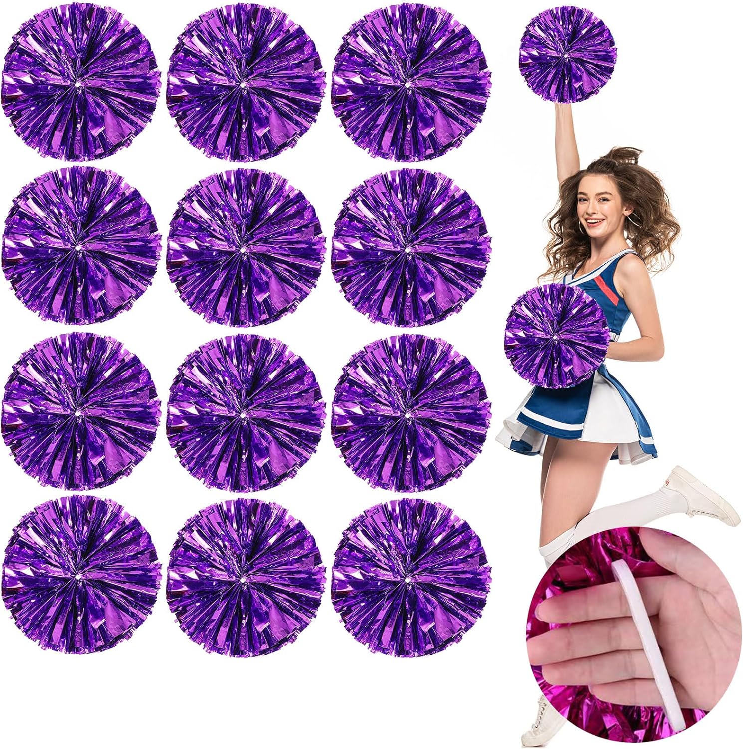 12 PCS Metallic Cheerleading Pom Pom for Team Spirit Sports Dance Cheering Kids Adults (Blue)