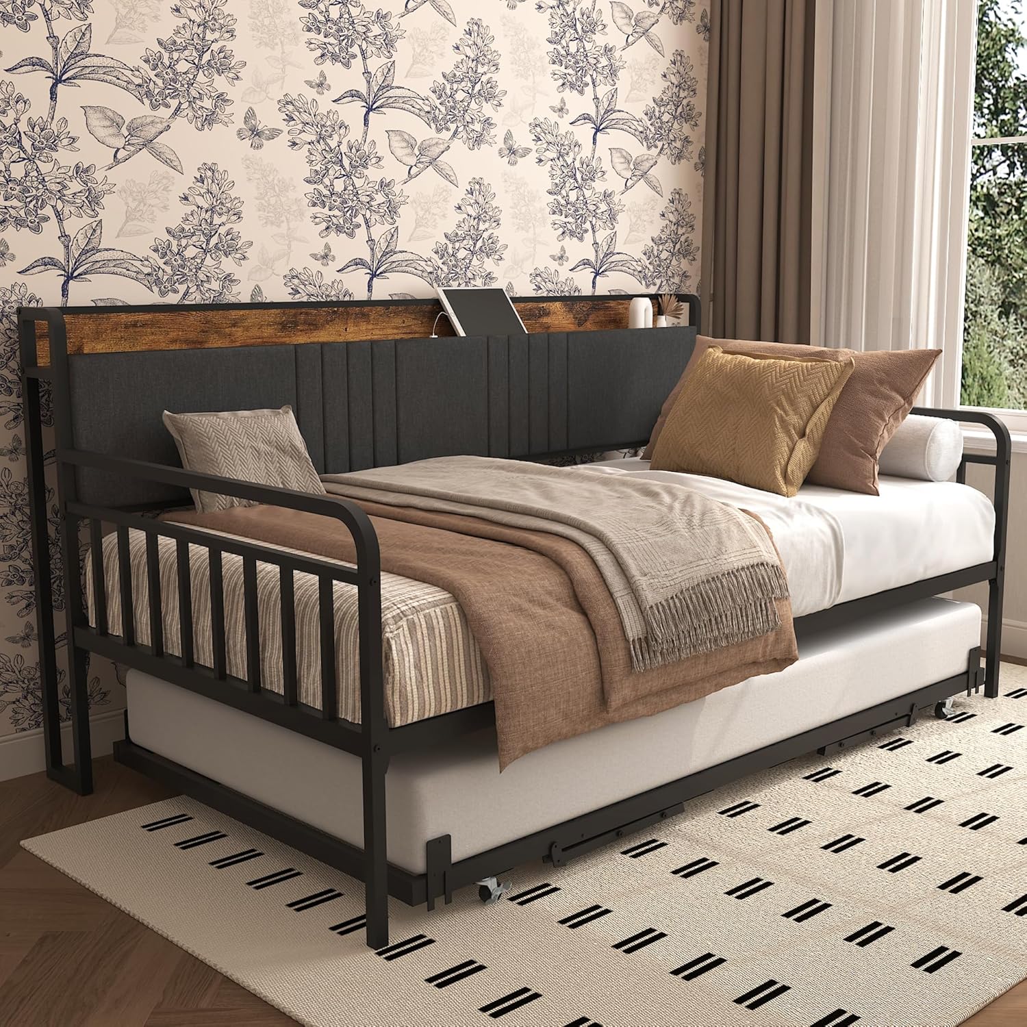 Bellemave Twin Daybed with Trundle and LED Light,Daybed with Pop Up Trundle, Heavy Duty Metal Day Bed Frame with Charging Station and Storage Headboard for Living Room,Bedroom and Guest Room,Black