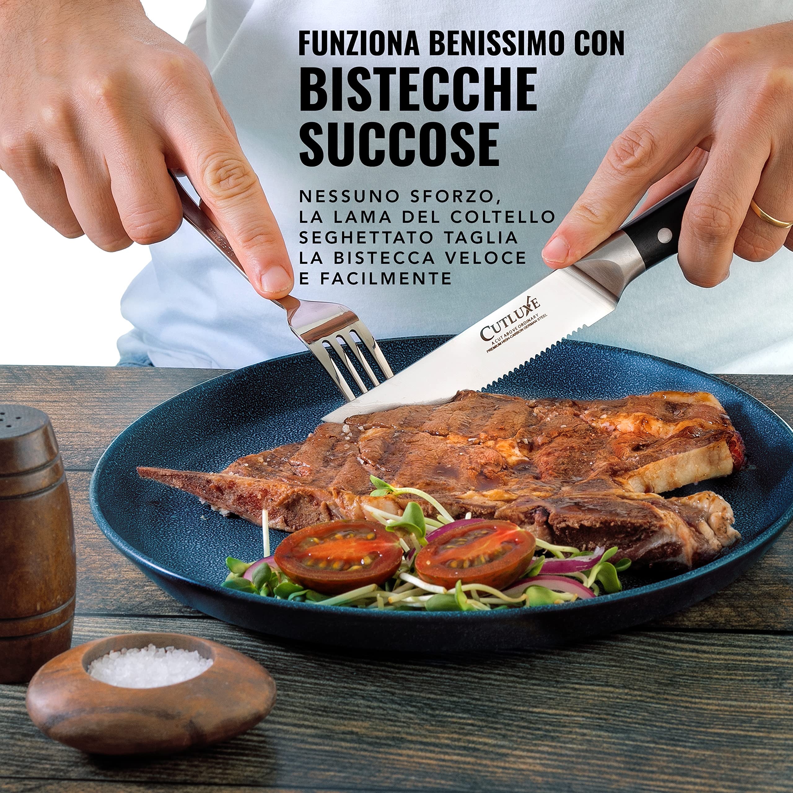 Cutluxe Set Coltelli Da Tavola – Coltelli da Bistecca Seghettati, 6 Pezzi – Coltelli Carne in Acciaio Tedesco al Carbonio, Lama Intera, Manico Ergonomico – Serie Artigianale