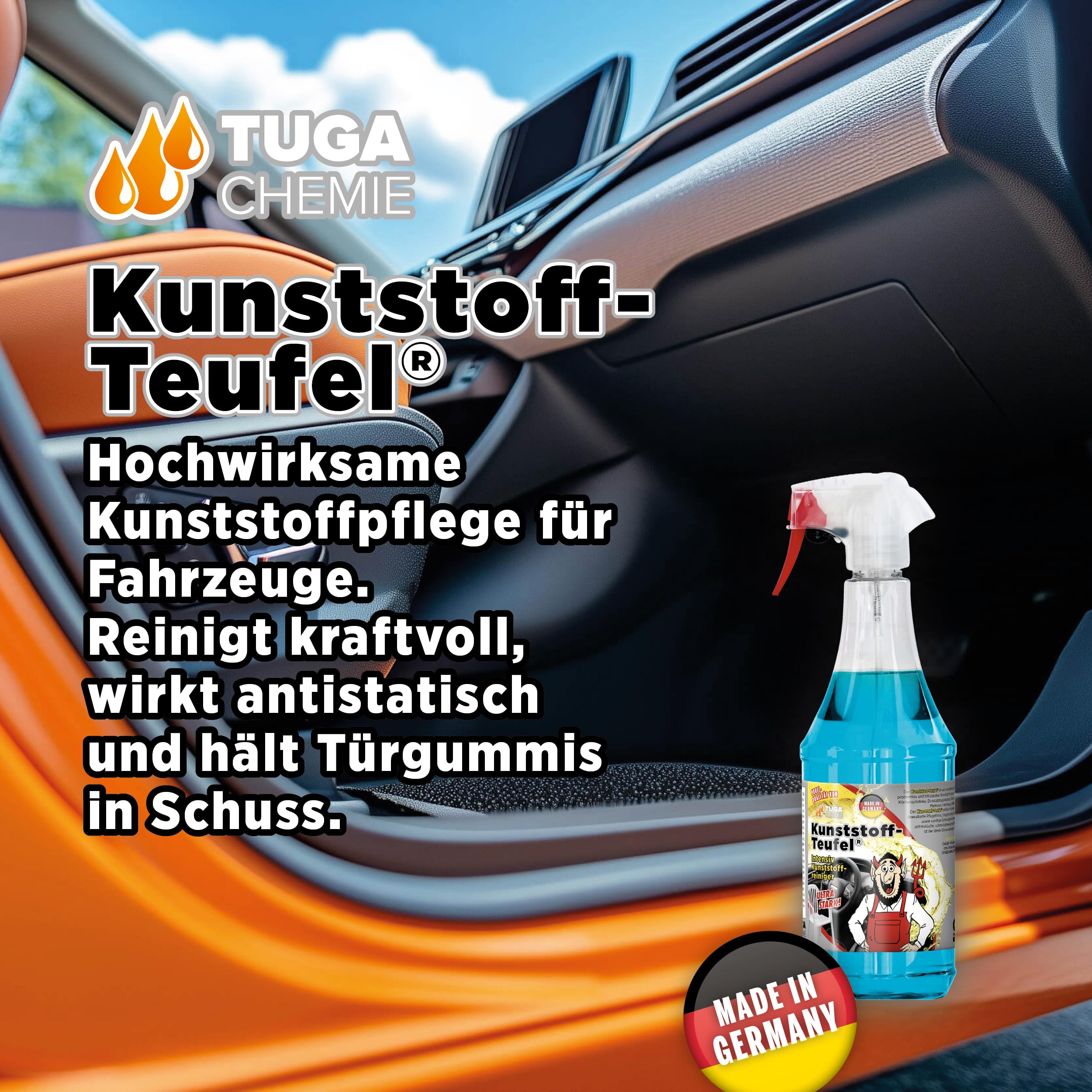 TUGA Chemie Kunststoff-Teufel - Hochwirksamer Kunststoffreiniger für Kfz und Industrie - Entfernt Schmutz, Öl, Fett in Profiqualität für Auto Boot und Werkstatt - 5 L Kanister - Made in Germany | Hochwirksamer Kunststoffreiniger für Kfz & Industrie - Entf