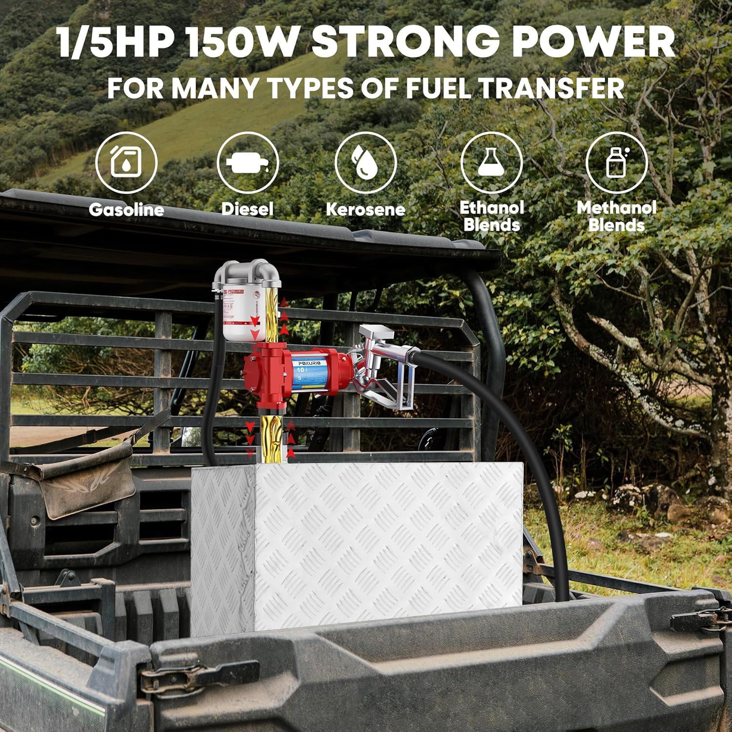 Fuel Transfer Pump, 10GPM 12V Transfer Pump with Discharge Hose ＆ Mechanical Nozzle, Cast Iron Heavy Duty for Gasoline, Diesel, Kerosene, Biodiesel