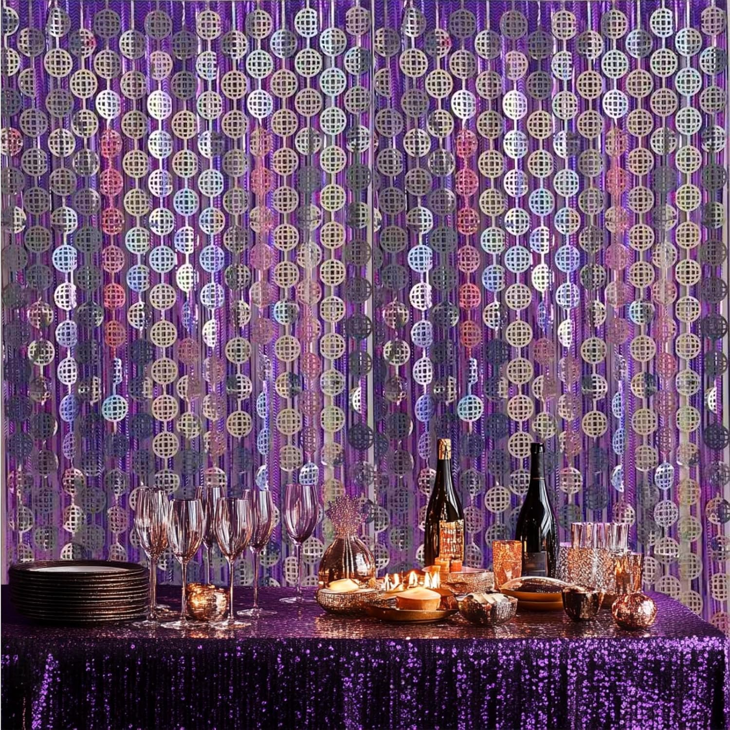 OQOQ Laser Disco Party Decorations Foil Fringe Curtains (4 Pcs) - 3.3x6.6 Ft Purple and Silver Disco Ball Tinsel Curtains for Birthday 80s Bachelorette Taylor Party Decor Photo Booth Backdrop - Image 6
