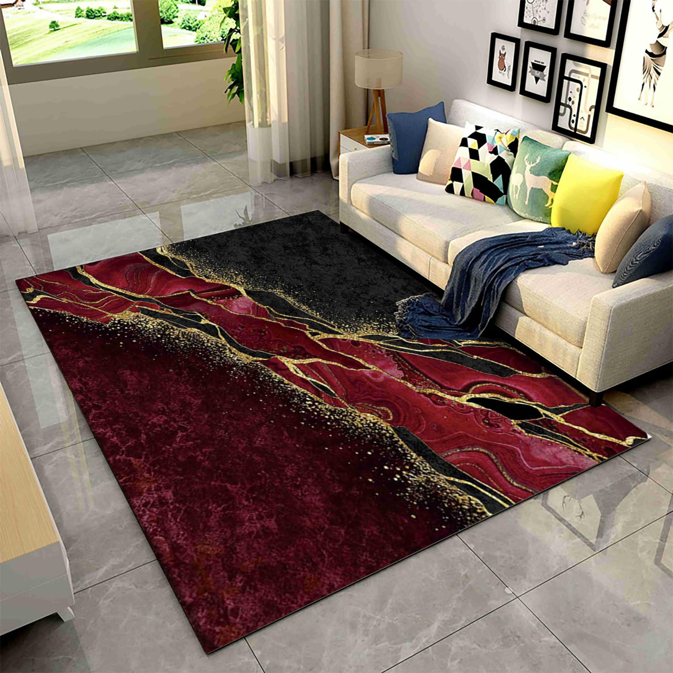SOJAWA Abstract Red Black Marble Area Rug,2x3ft, Luxury Black Gold Stone Texture Bedroom Rug, Soft Breathable Rugs for Home Decorative, Non Slip