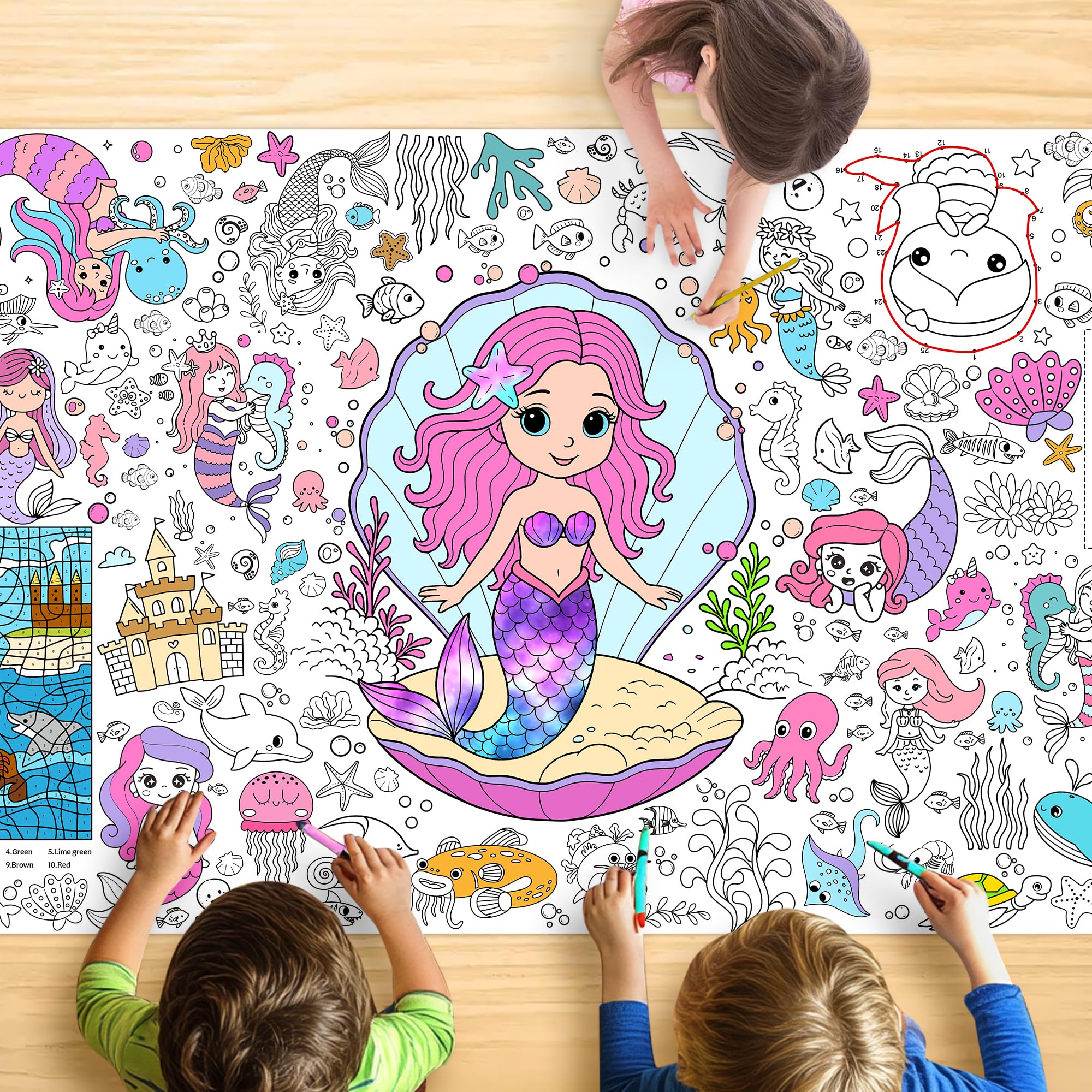 Mermaid Coloring Tablecloth for Kids, 30x72 Inch Poster with Mermaids, Seashells, Underwater Scenes, Idea for Mermaid Party Games for Girls, Sea Decorations, Classroom Fun, Event Supplies