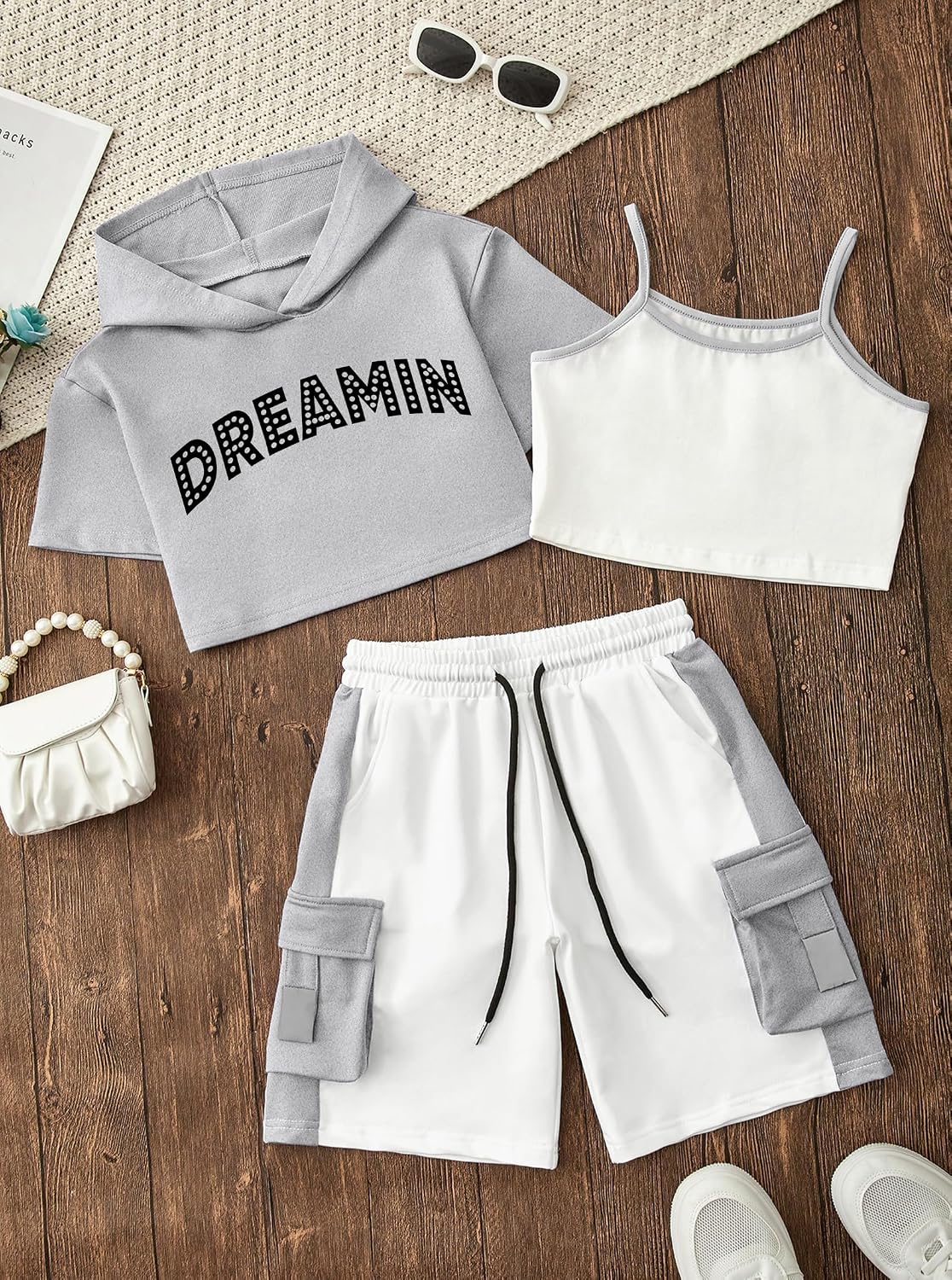 Girls 3-Piece Outfits Cotton Cami Short Sleeve Hoodie and Cargo Shorts Set Kids Streetwear 7-14 Years
