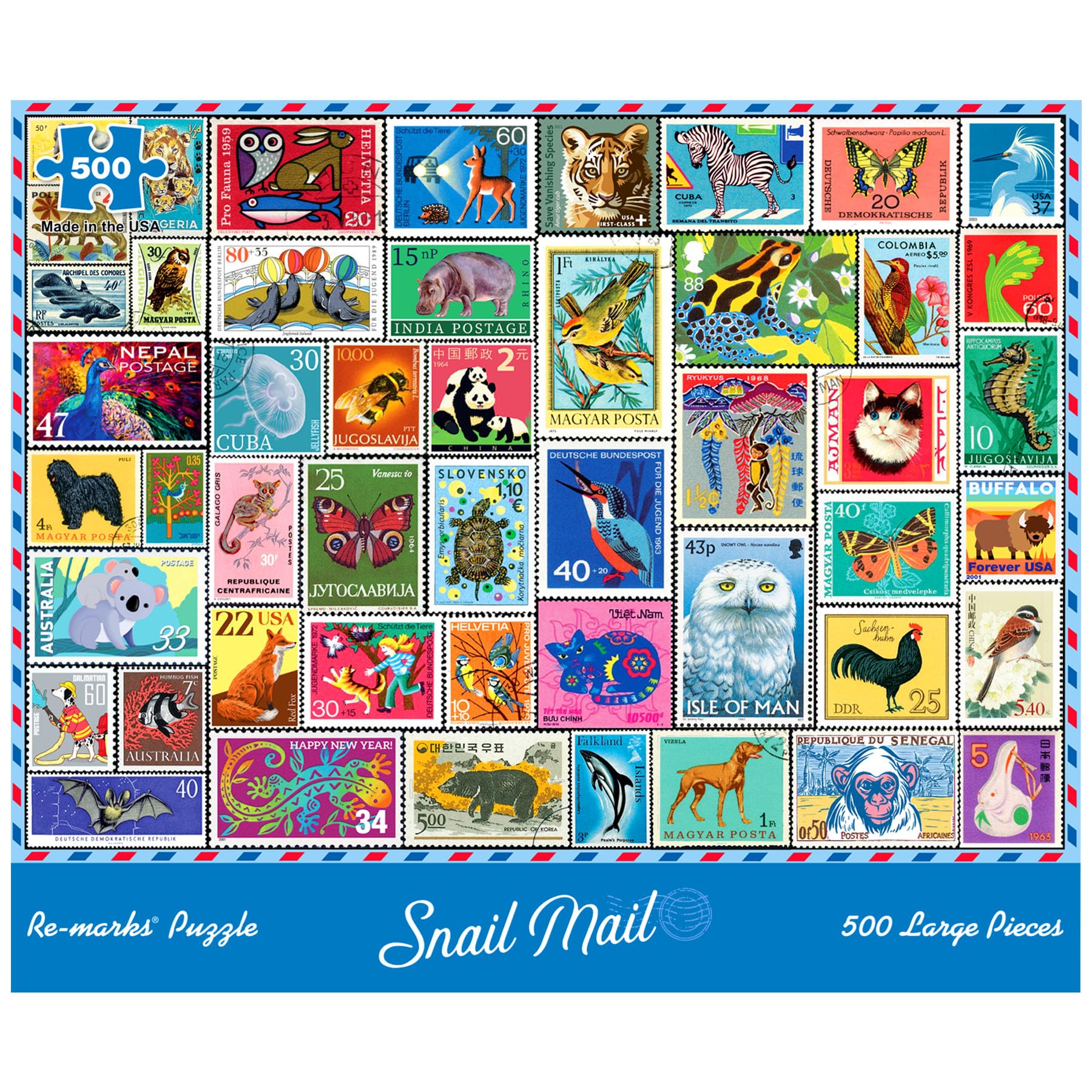 Re-marks Snail Mail Stamp Collage Jigsaw Puzzle, 500 Large Piece Jigsaw Puzzle for All Ages