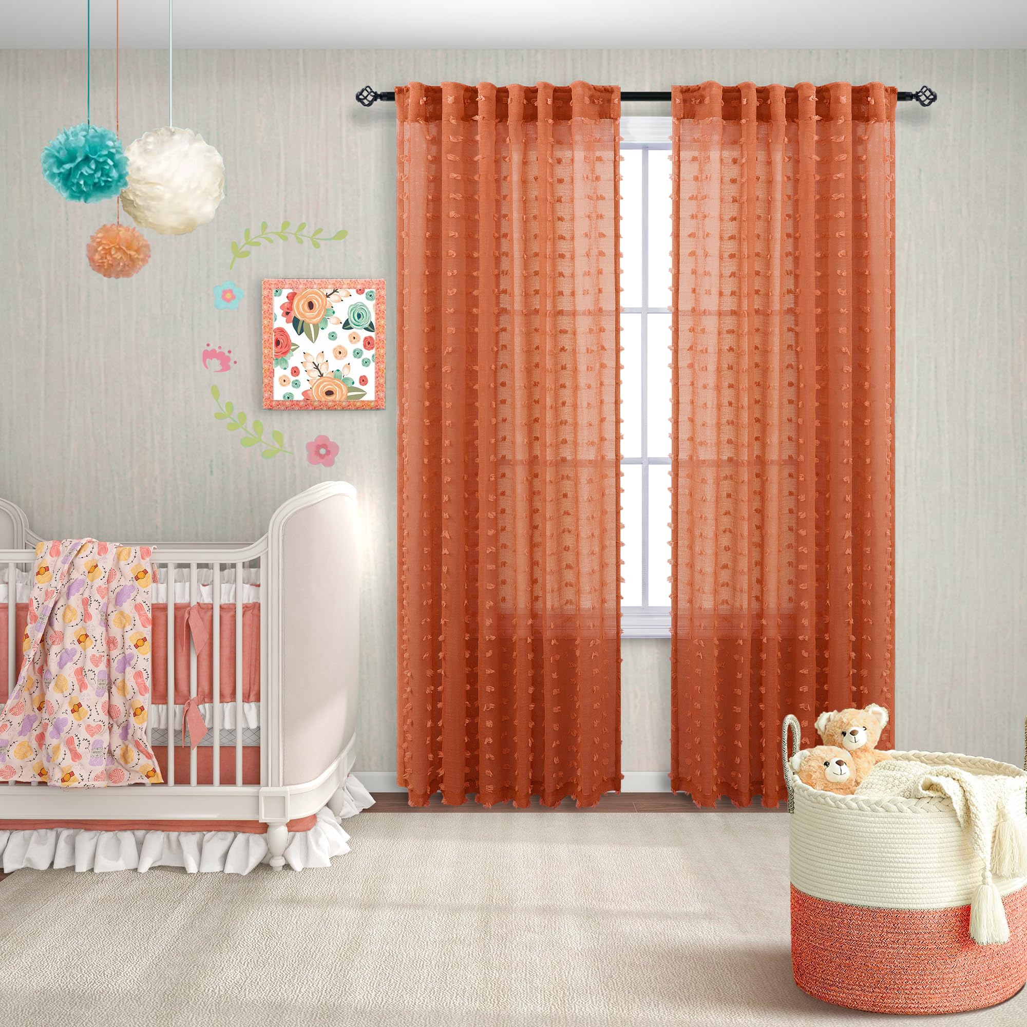 KOUFALL Bohemian Sheer Curtains 63 Inches for Kids Room Bedroom 2 Panels Faux Butterfly Pom Pom Sheer Curtains Orange - Image 4