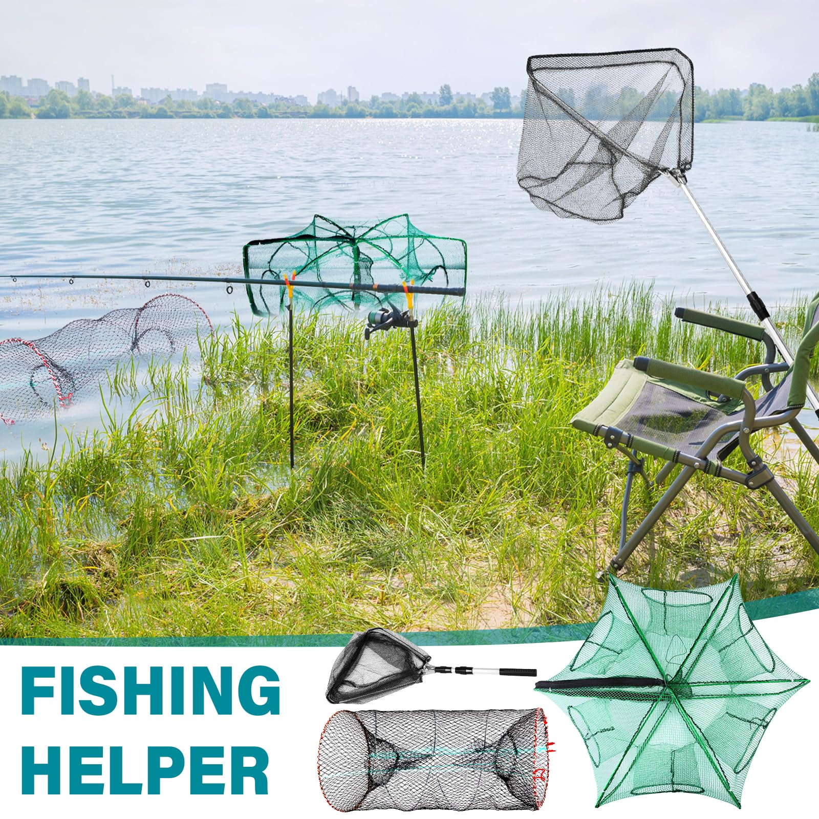 Windyun 3 redes de pesca plegables con mango telescópico, trampa de cangrejo hexagonal, trampa de cebo de pesca hexagonal con cuerda y bolsa de señuelo para cangrejo y camarones