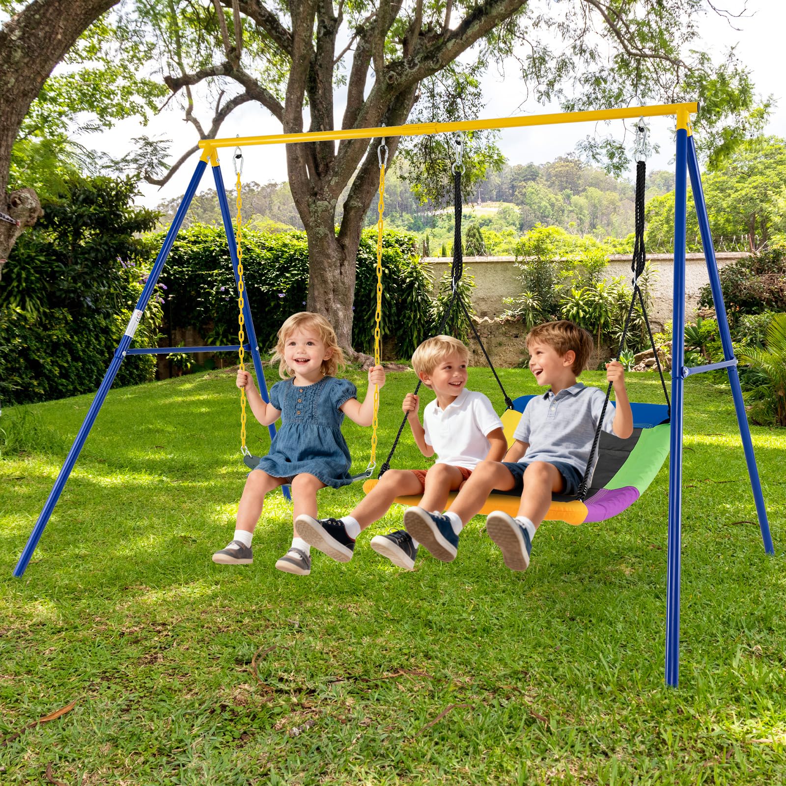 DREAMADE Portique de Balançoire Extérieur 1,8M, Structure Métallique en A pour Enfants 3+, 2 Place, Charge Max 300 KG(Jaune)